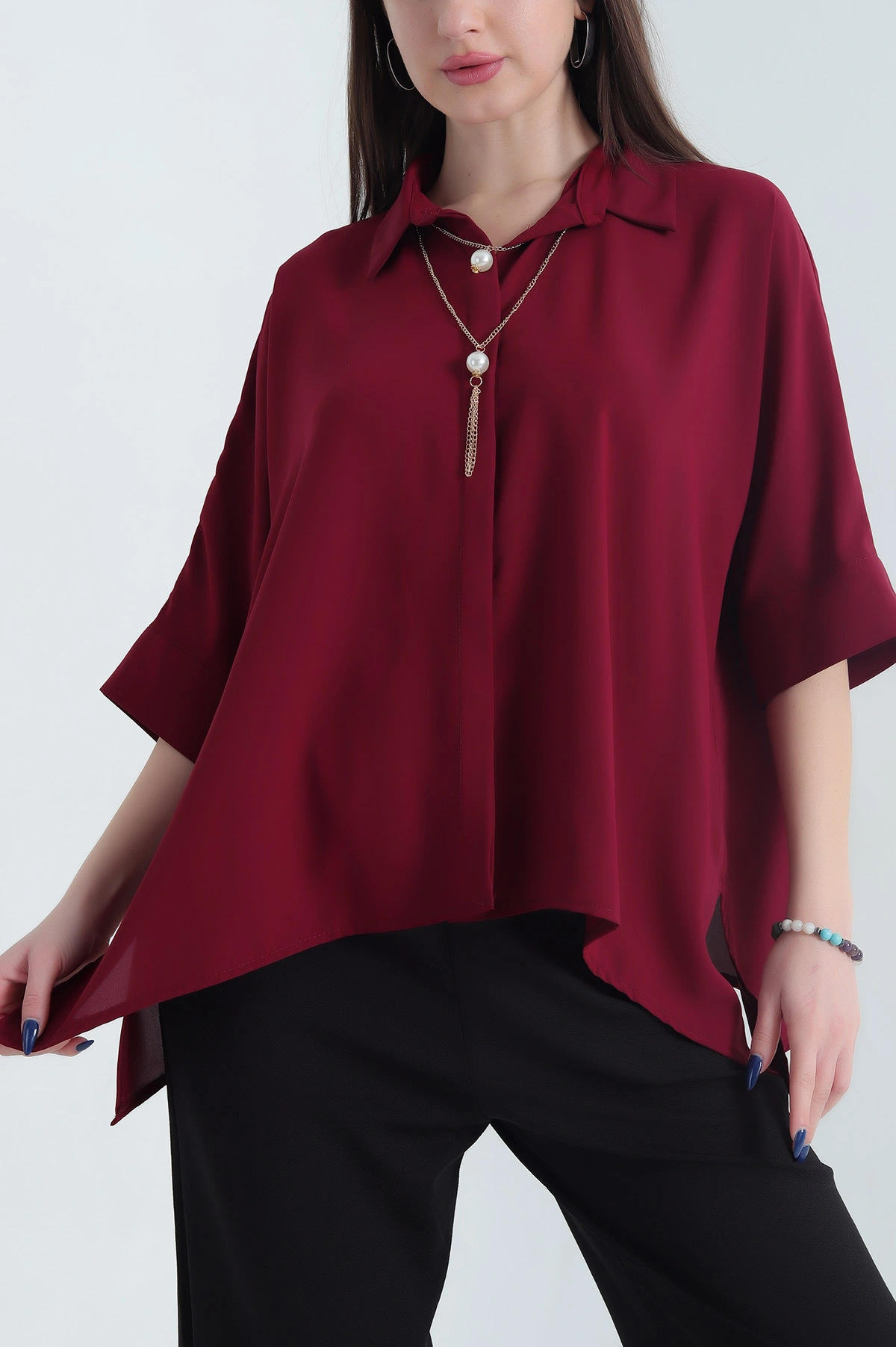 Bordo Jessica Kumaş Kolye Aksesuarlı Kadın Gömlek 342611