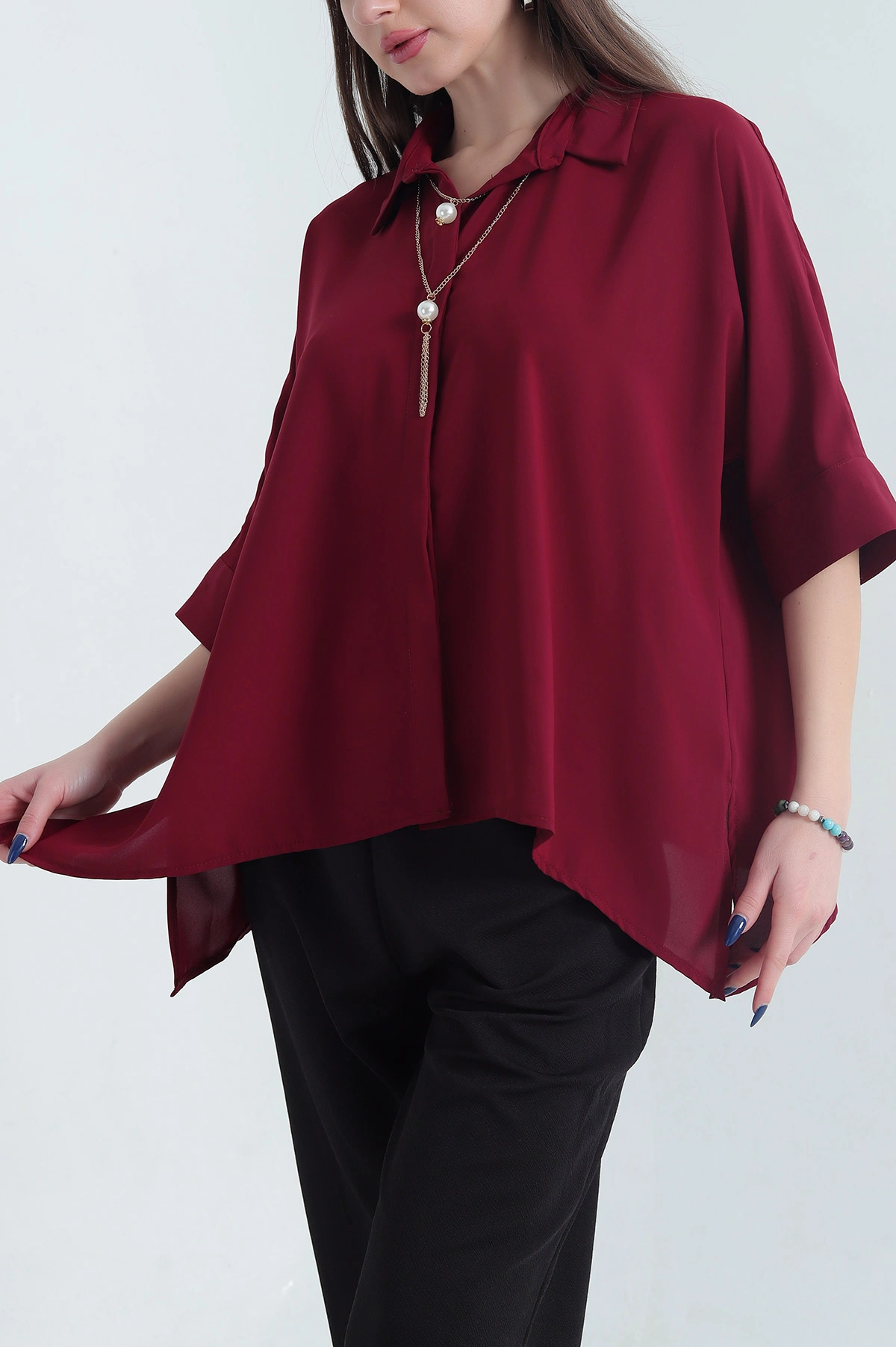 Bordo Jessica Kumaş Kolye Aksesuarlı Kadın Gömlek 342611