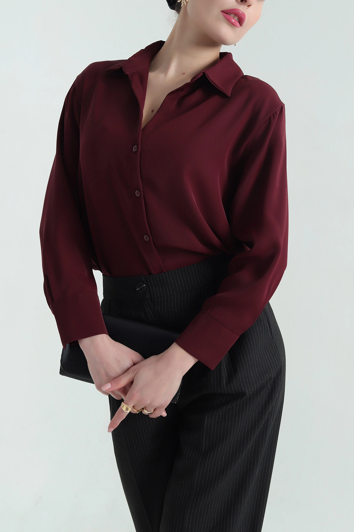 Bordo Jessica Kumaş Likralı Bayan Gömlek 335555