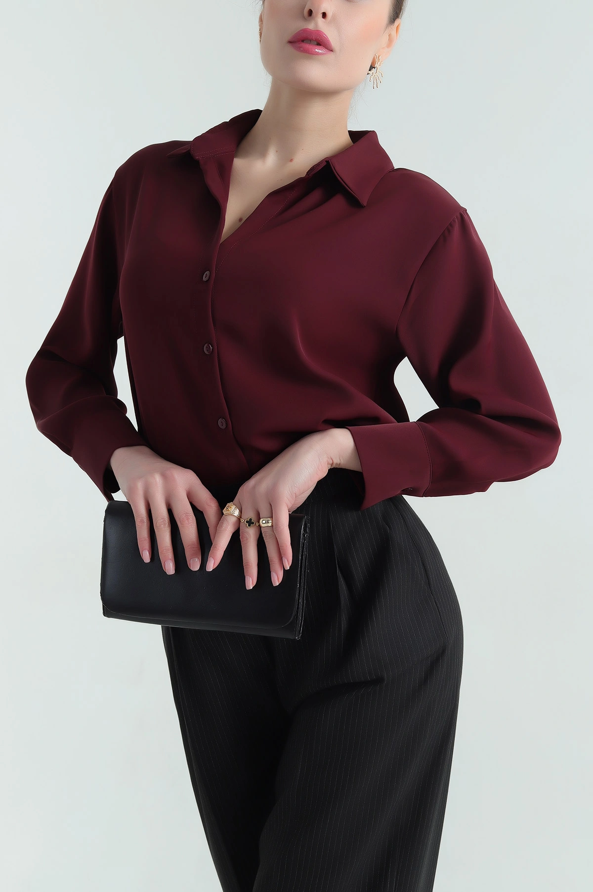 Bordo Jessica Kumaş Likralı Bayan Gömlek 335555
