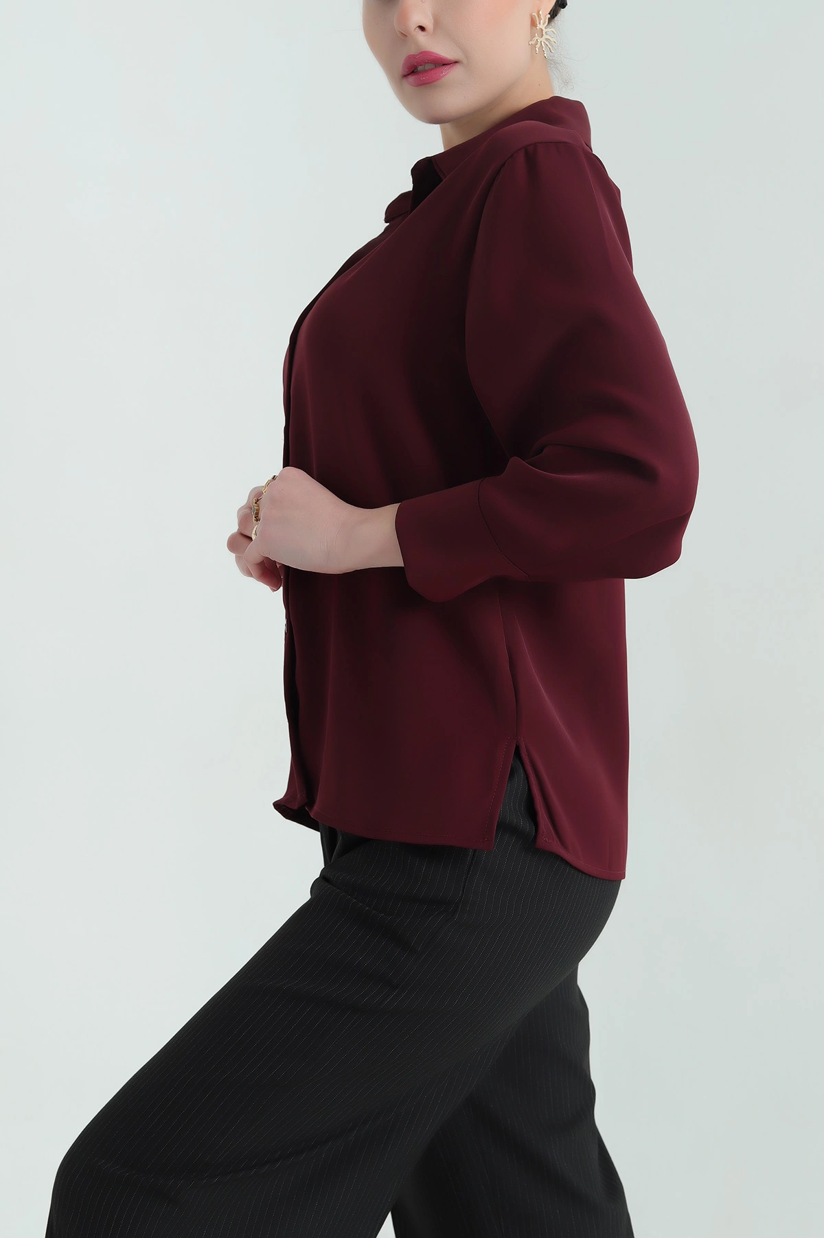 Bordo Jessica Kumaş Likralı Bayan Gömlek 335555