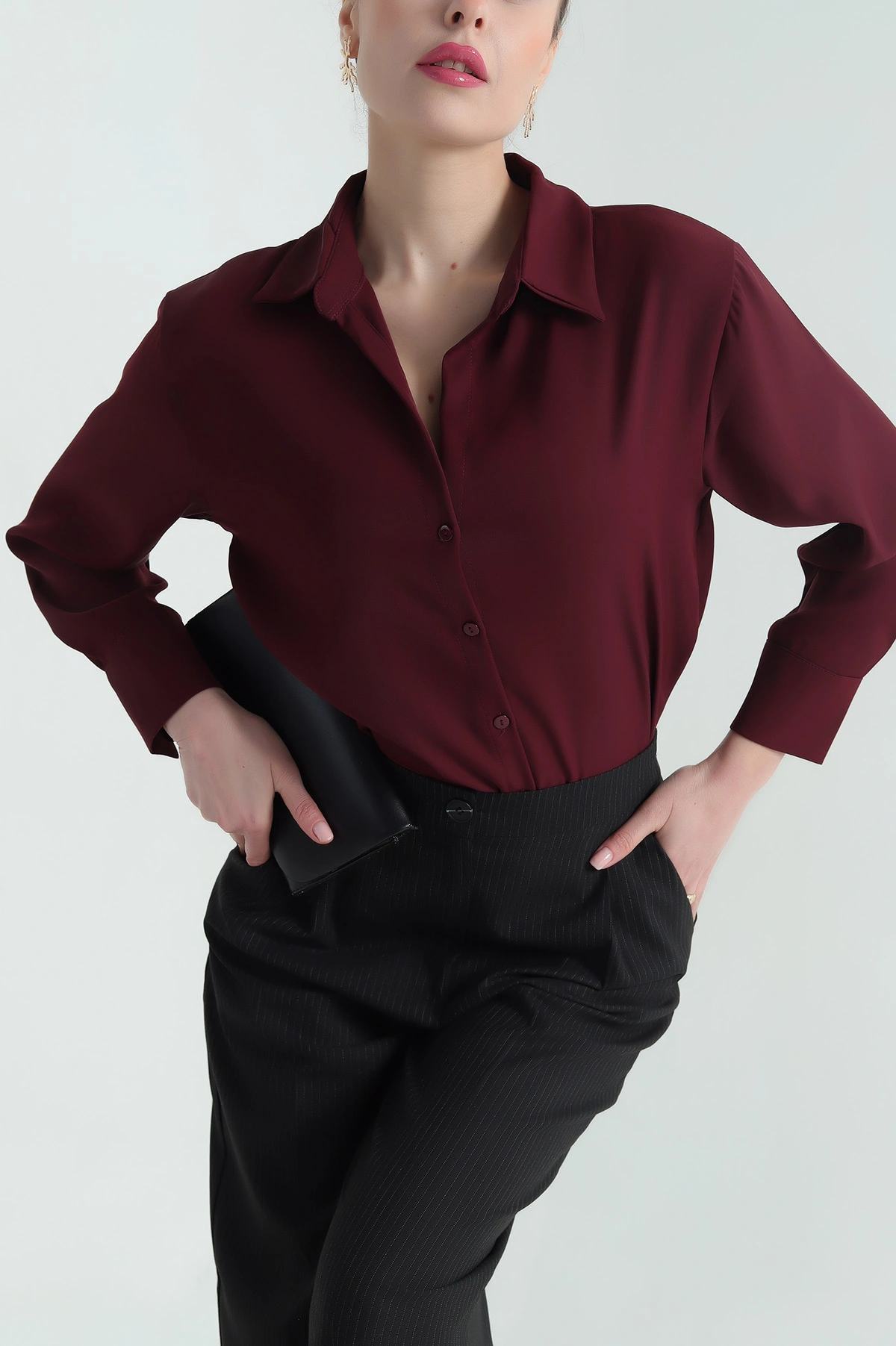 Bordo Jessica Kumaş Likralı Bayan Gömlek 335555