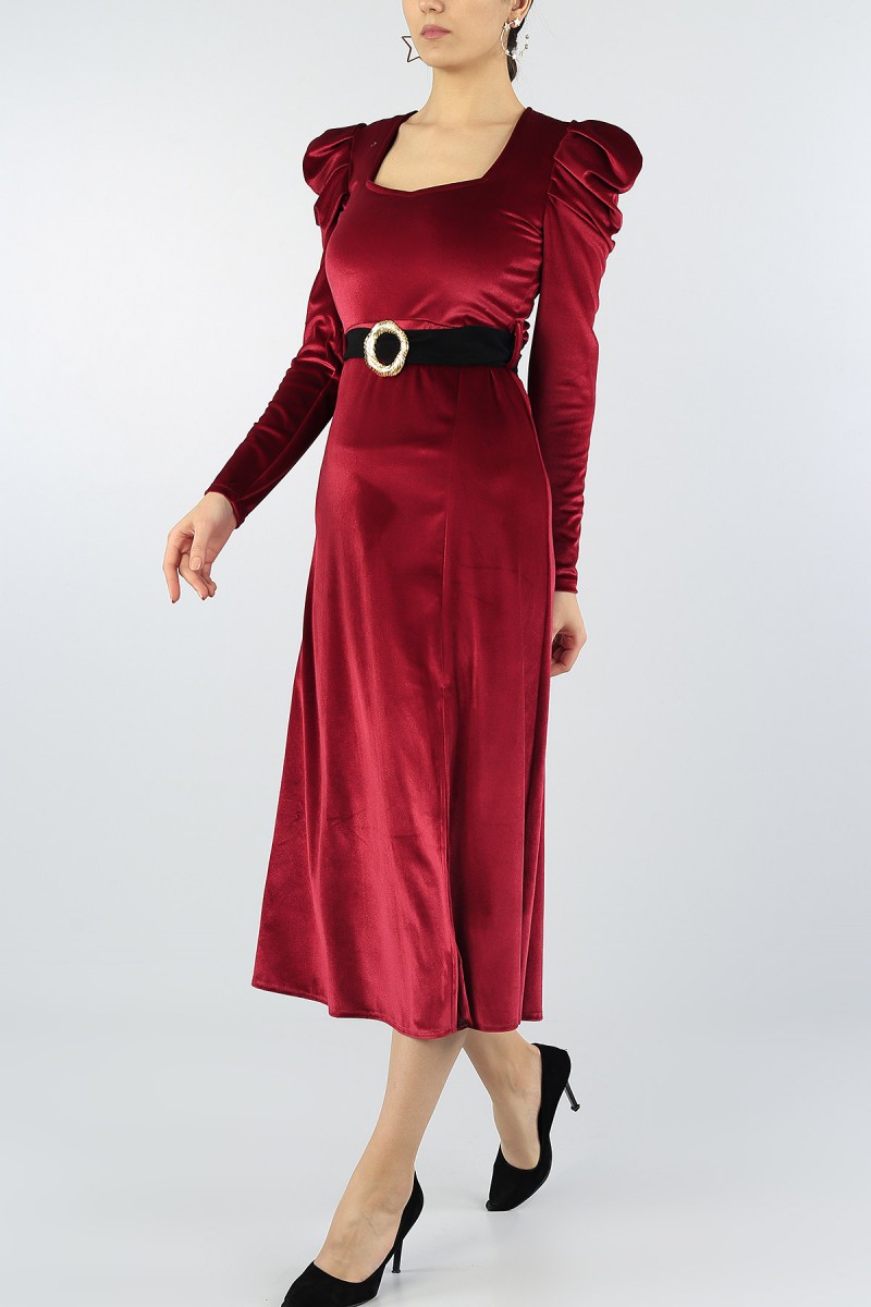 Bordo Kadife Kemerli Elbise 55394
