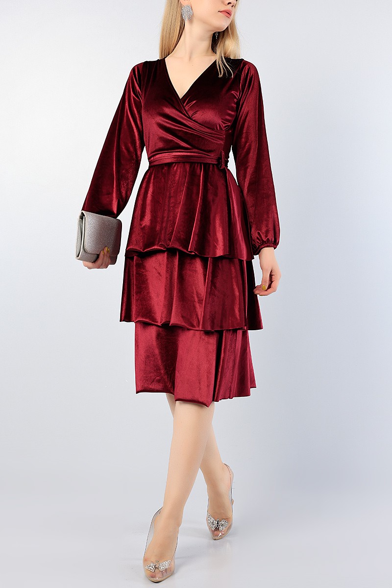 Bordo Kadife Kemerli Katlı Elbise 76748