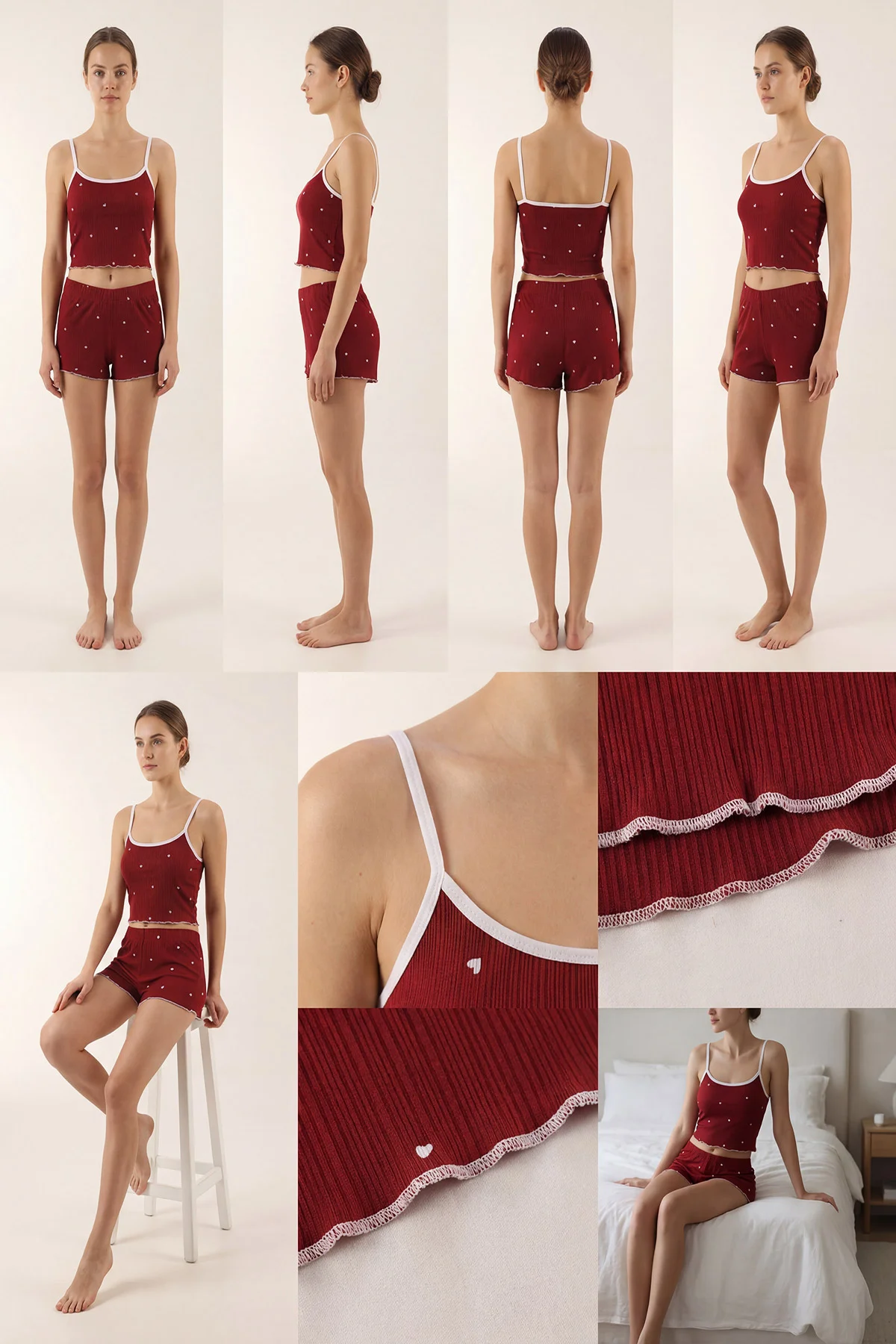 Bordo Kalp Desenli Askılı Kadın Şortlu Takım 440008