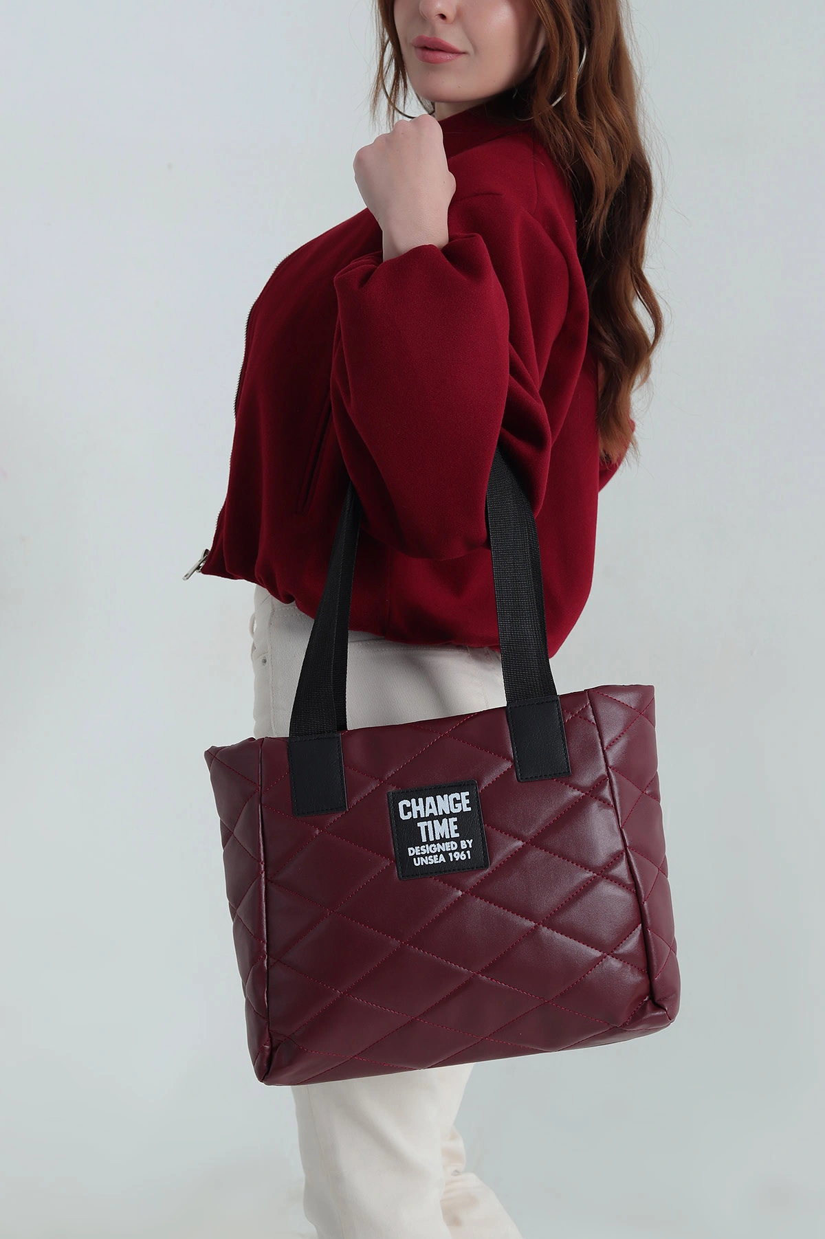 Bordo Kapitone Yazı Detay El Kol ve Omuz Çantası 412886