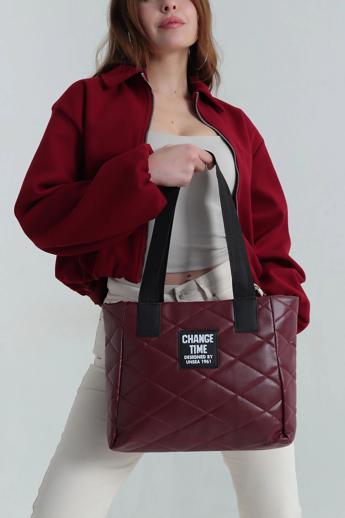 Bordo Kapitone Yazı Detay El Kol ve Omuz Çantası 412886