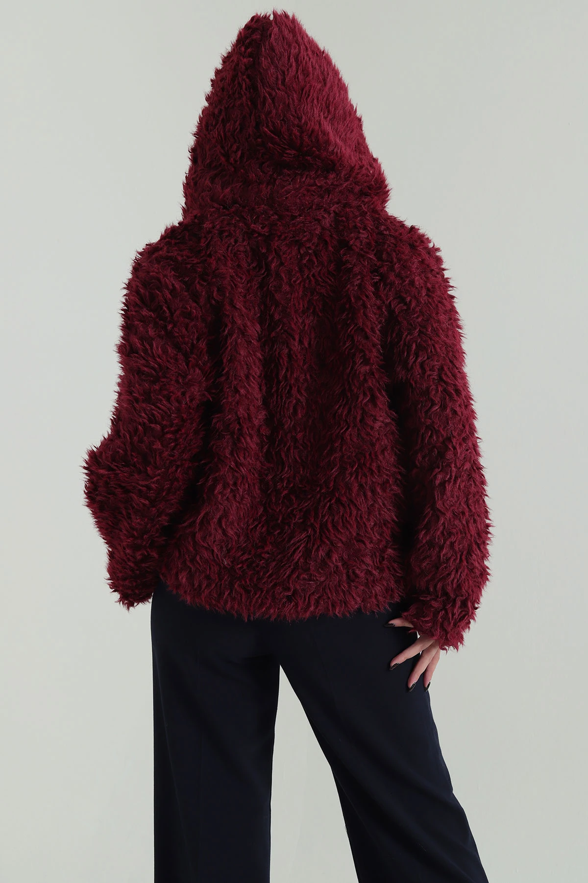 Bordo Kapşonlu Fermuarlı Kıvırcık Kadın Mont 424296