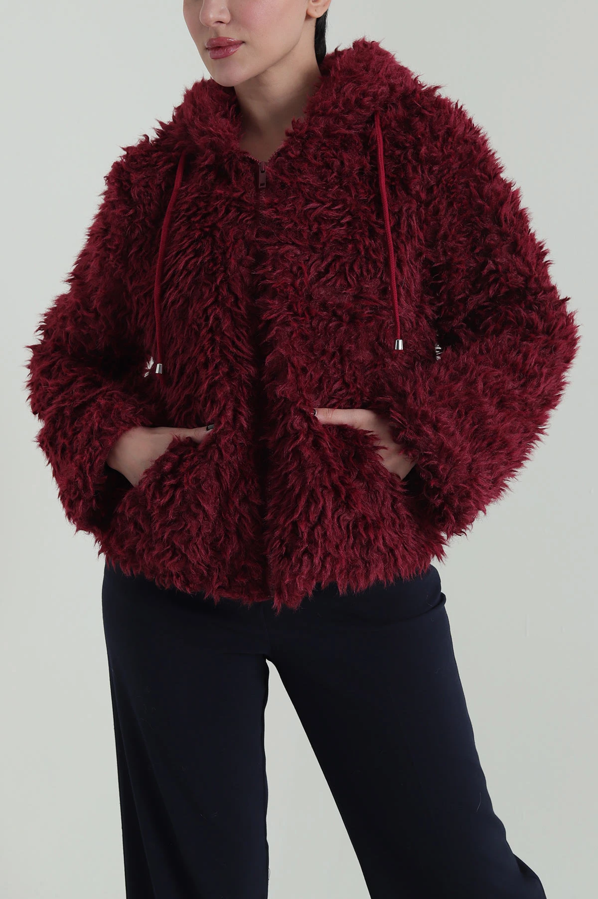 Bordo Kapşonlu Fermuarlı Kıvırcık Kadın Mont 424296