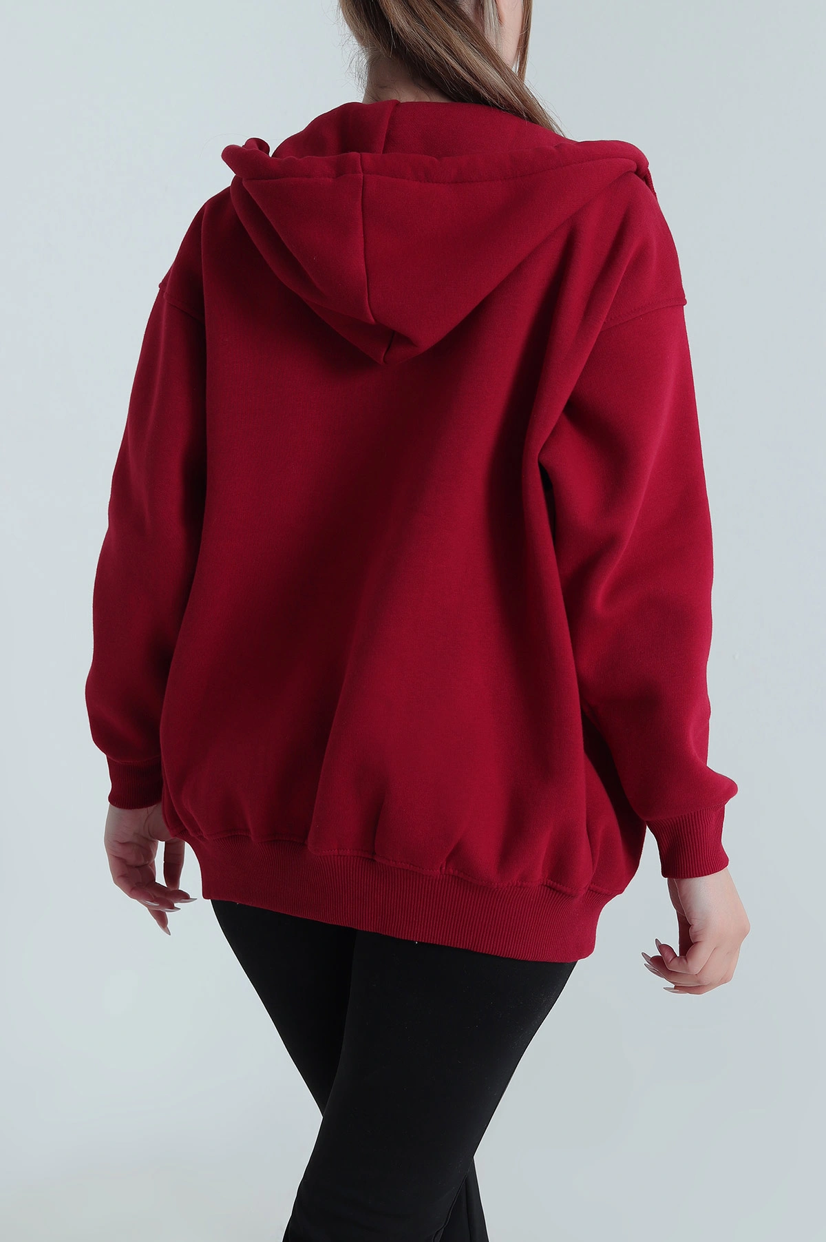 Bordo Kapşonlu Fermuarlı Şardonlu Üç İp Kadın Sweat 485027