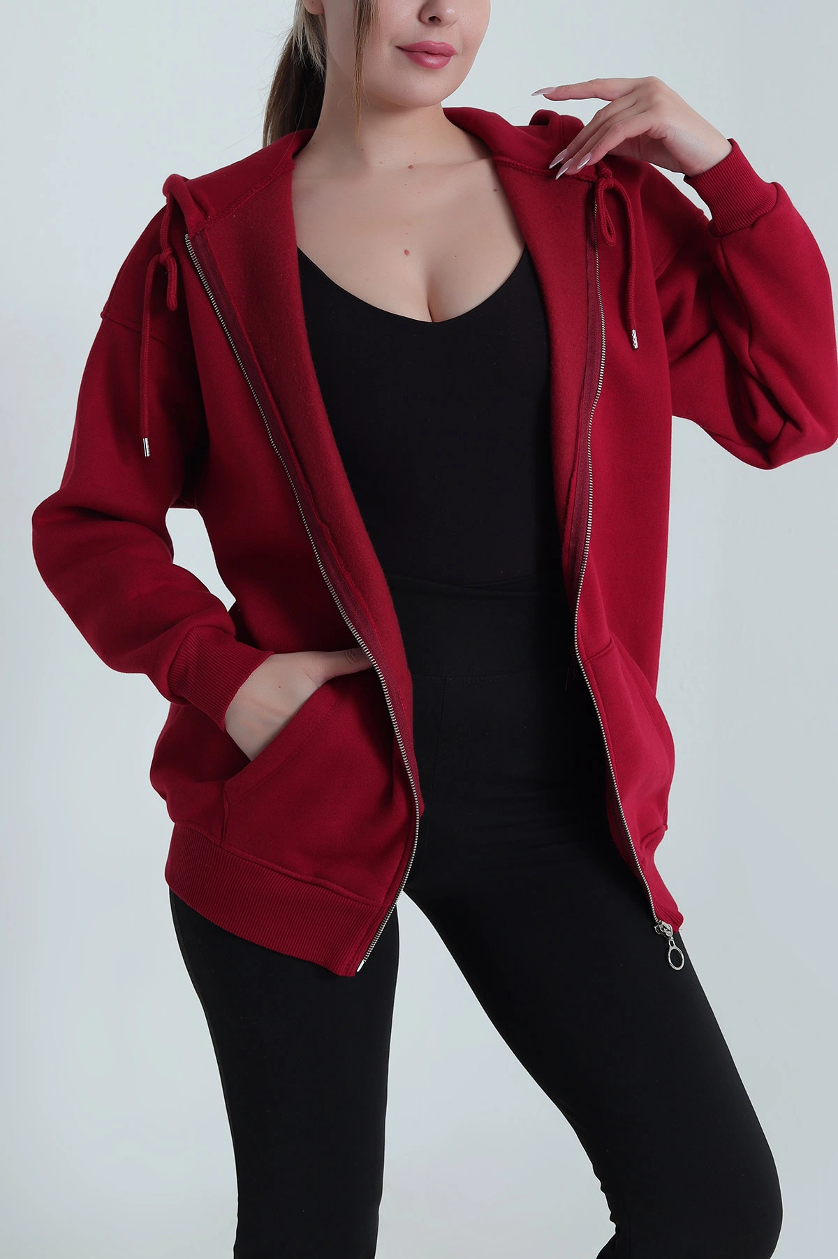 Bordo Kapşonlu Fermuarlı Şardonlu Üç İp Kadın Sweat 485027