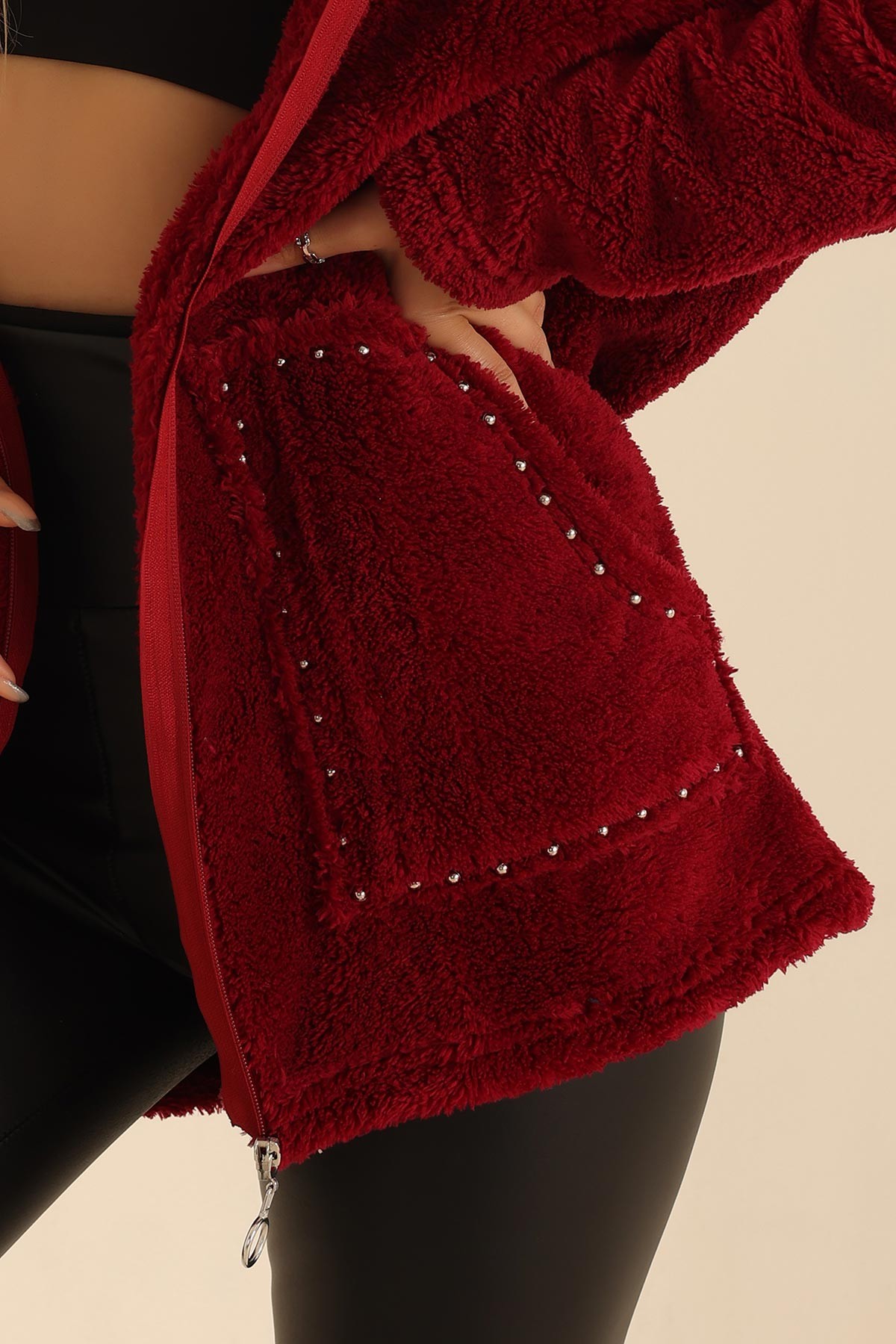 Bordo Kapüşonlu Cepli Yumoş Mont 211055