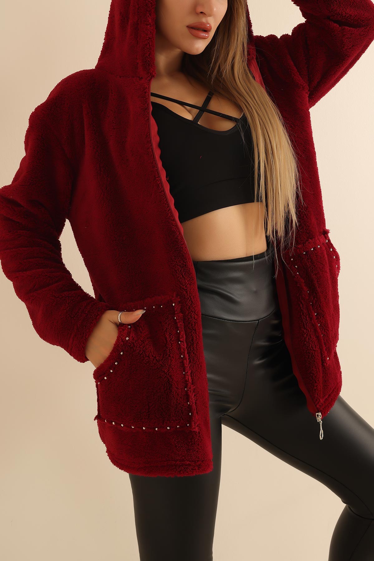 Bordo Kapüşonlu Cepli Yumoş Mont 211055