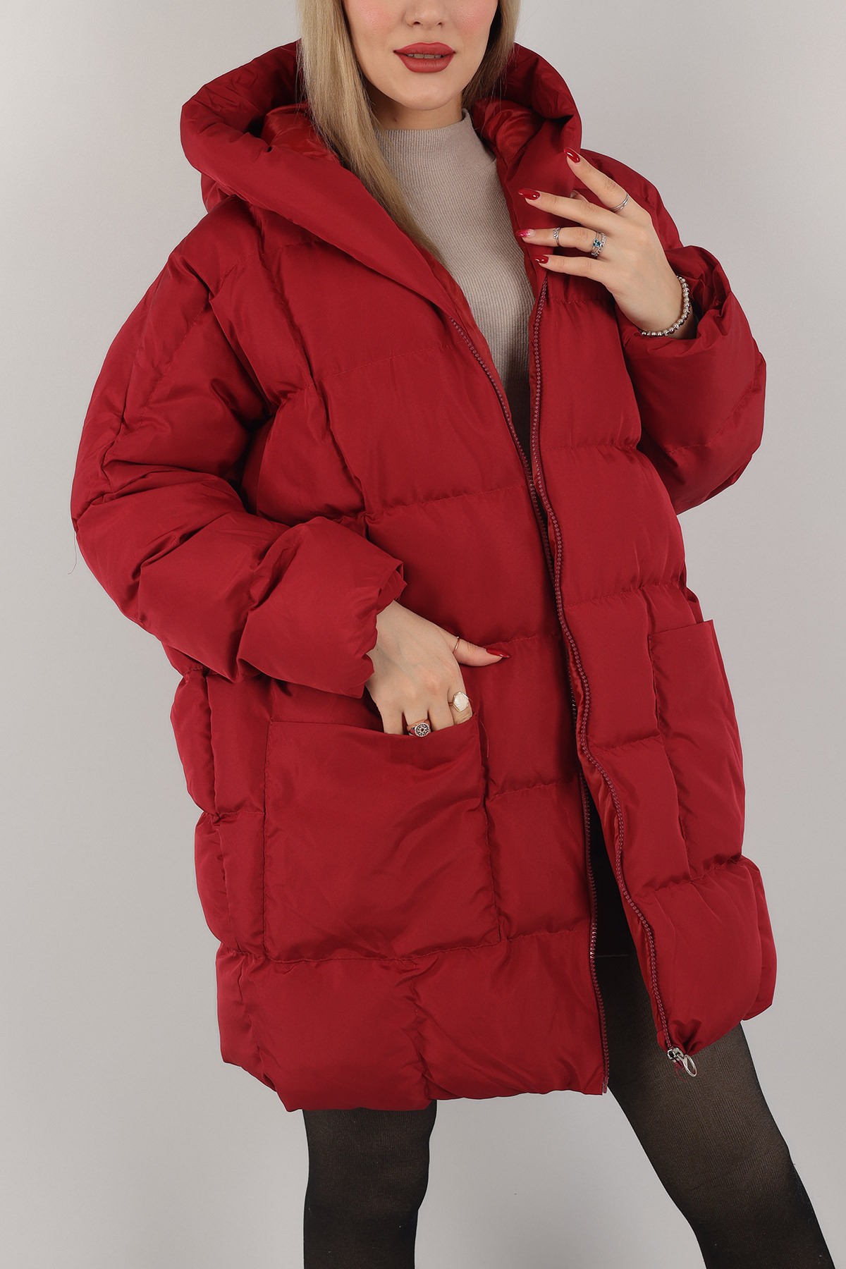 Bordo Kapüşonlu Dolumlu Şişme Bayan Mont 153238