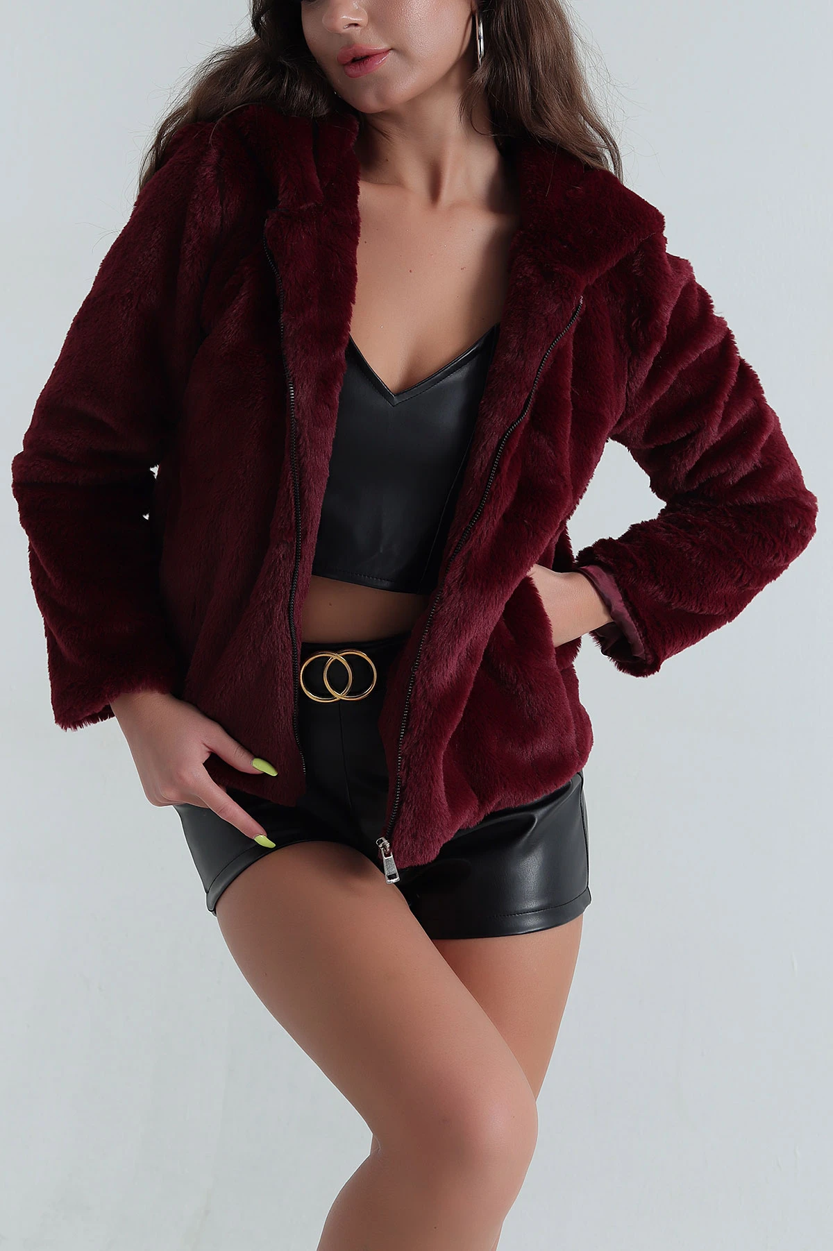 Bordo Kapüşonlu Kadın Kürk Mont 394446