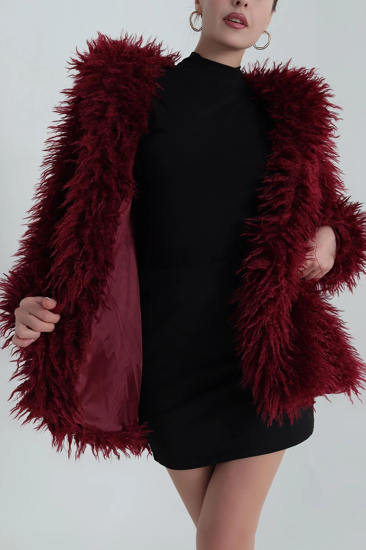 Bordo Kapüşonlu Kadın Tibet Mont 394484