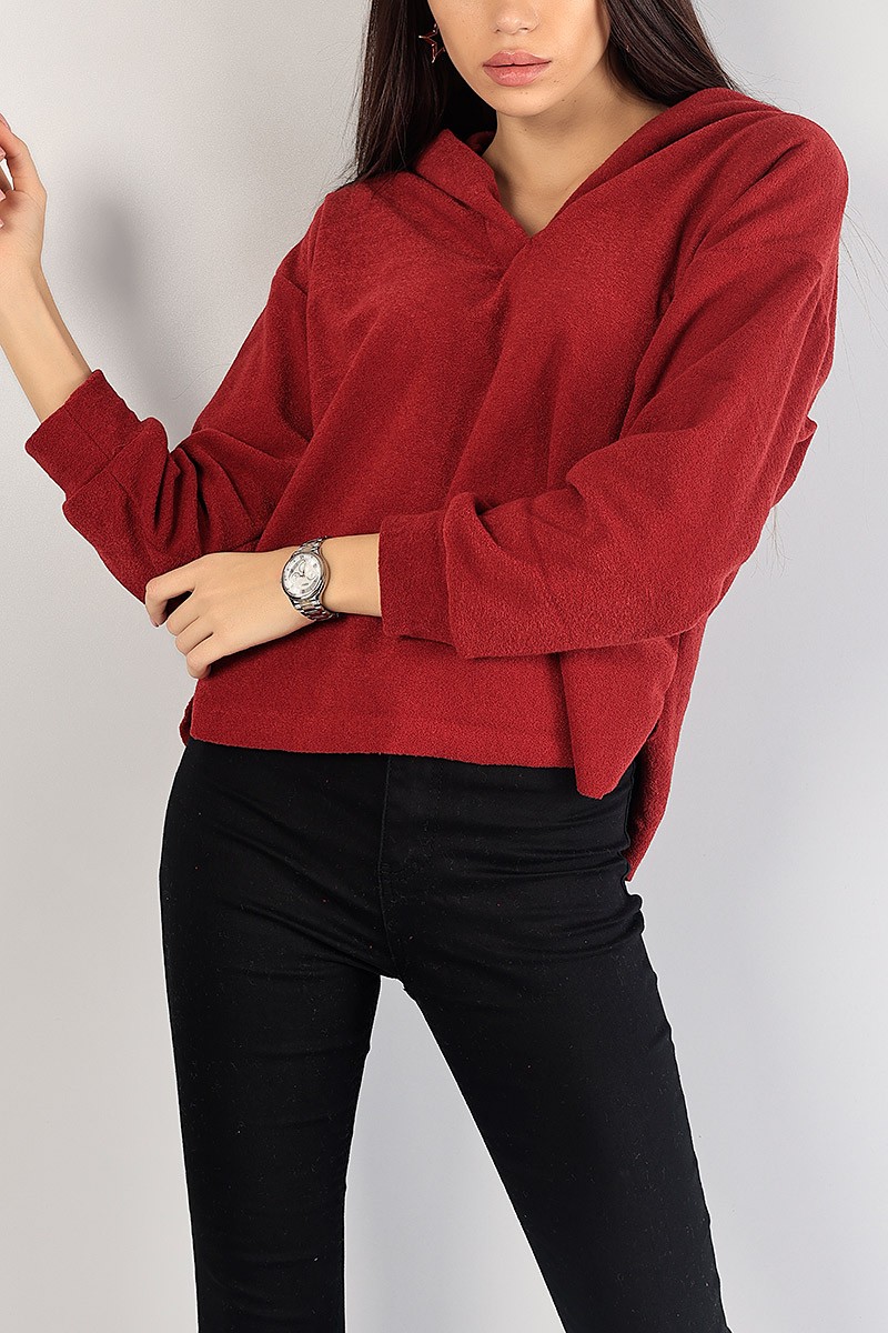 Bordo Kapüşonlu Polarlı Bayan Sweat 83539