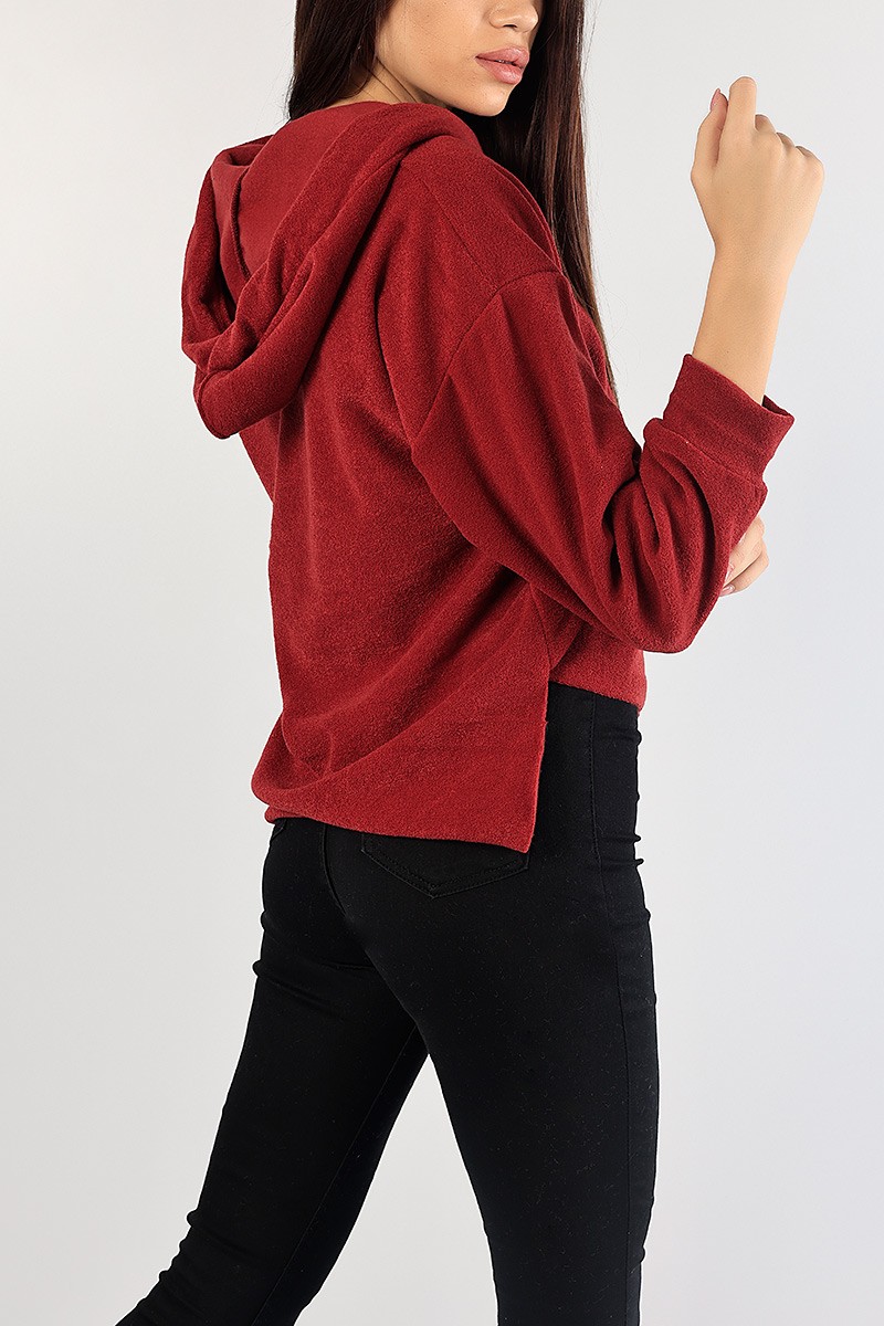 Bordo Kapüşonlu Polarlı Bayan Sweat 83539