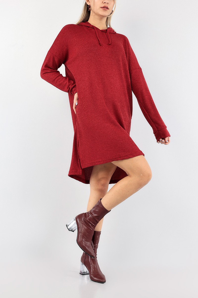 Bordo Kapüşonlu Tunik Elbise 91041