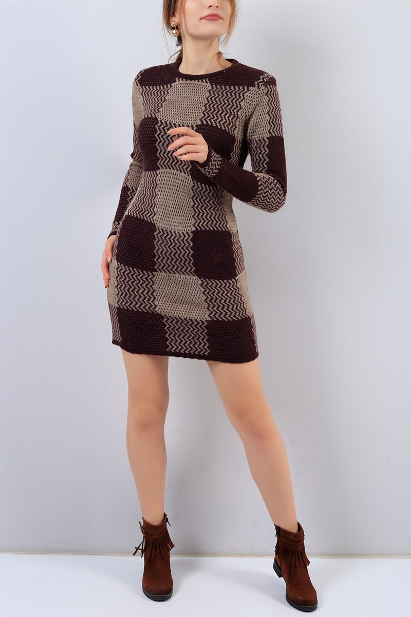 Bordo Kare Desenli Kazak Tunik 17110B