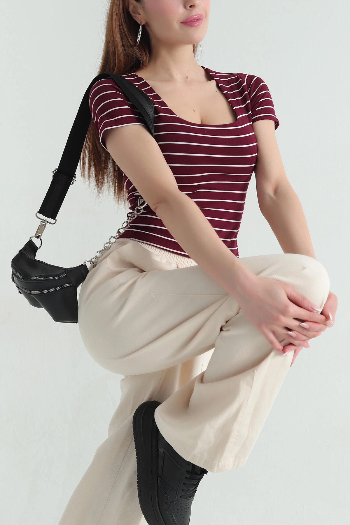 Bordo Kare Yaka Çizgili Bluz 357337