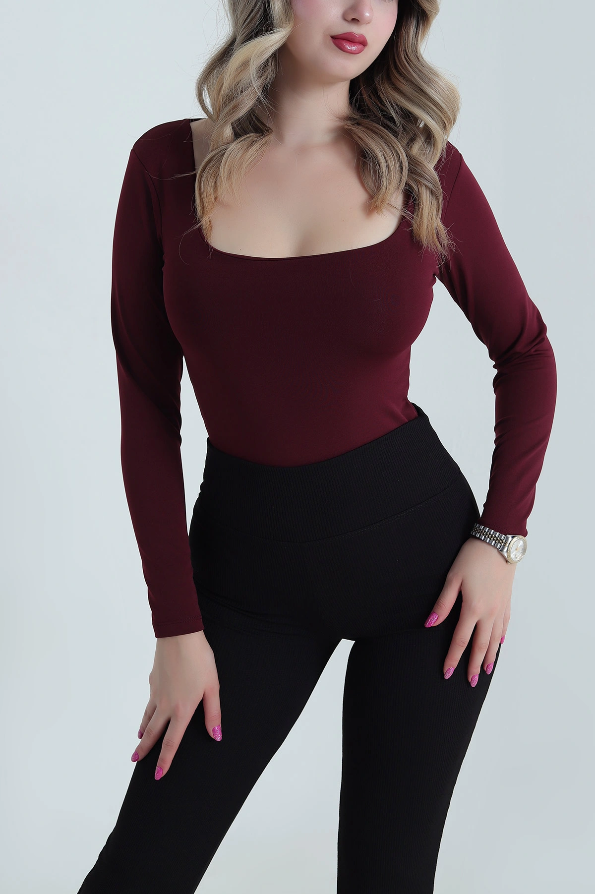 Bordo Kare Yaka Dalgıç Kadın Zıbın Bluz 482663