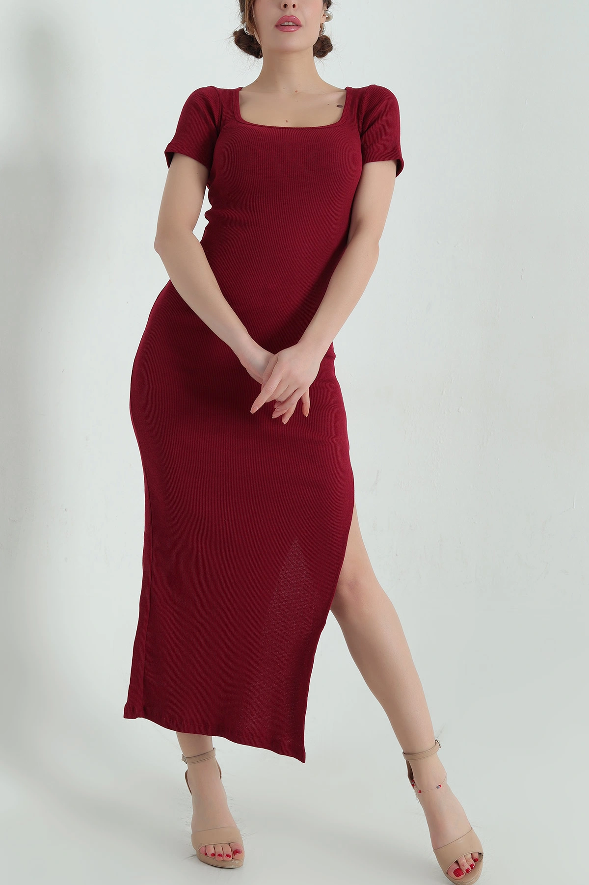 Bordo Kare Yaka Fitilli Elbise 336816