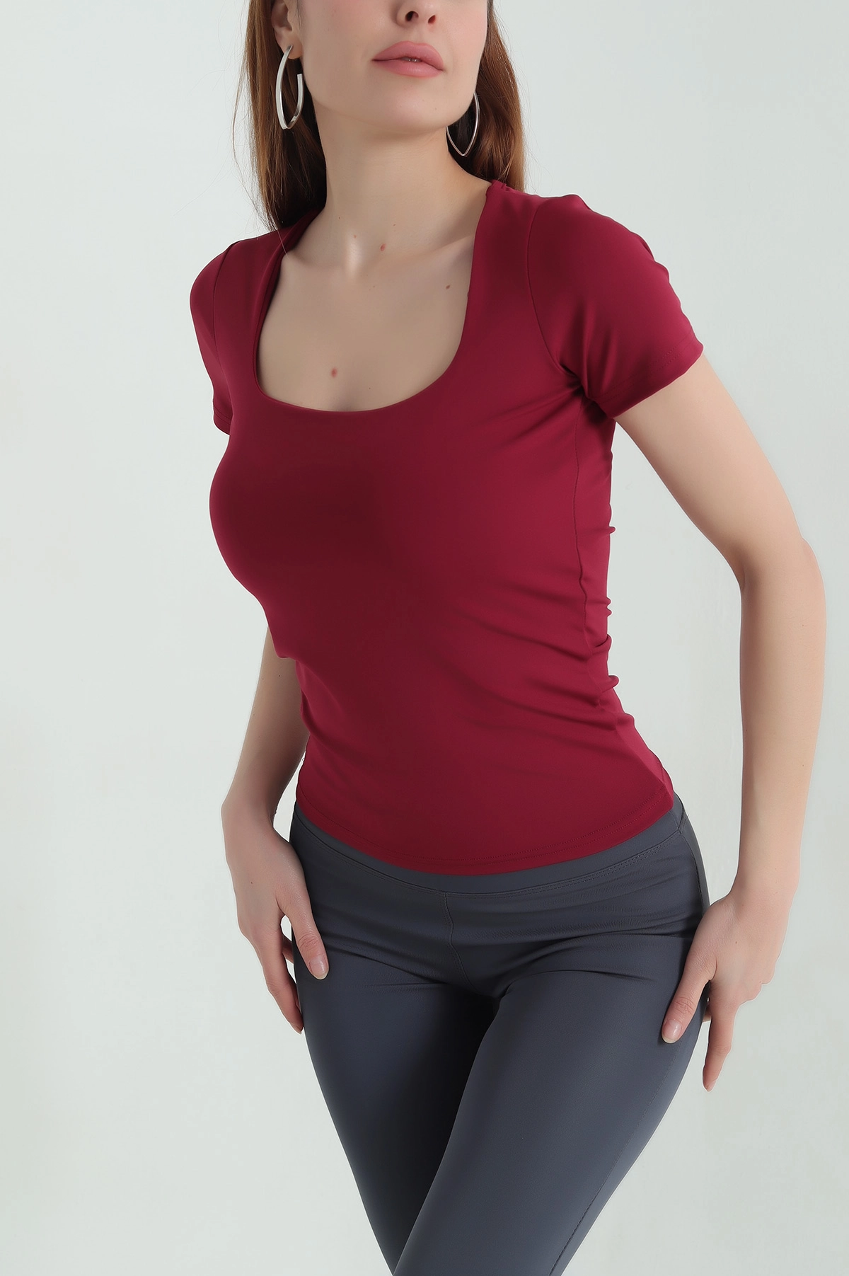Bordo Kare Yaka Likralı Sandy Kadın Bluz 361145