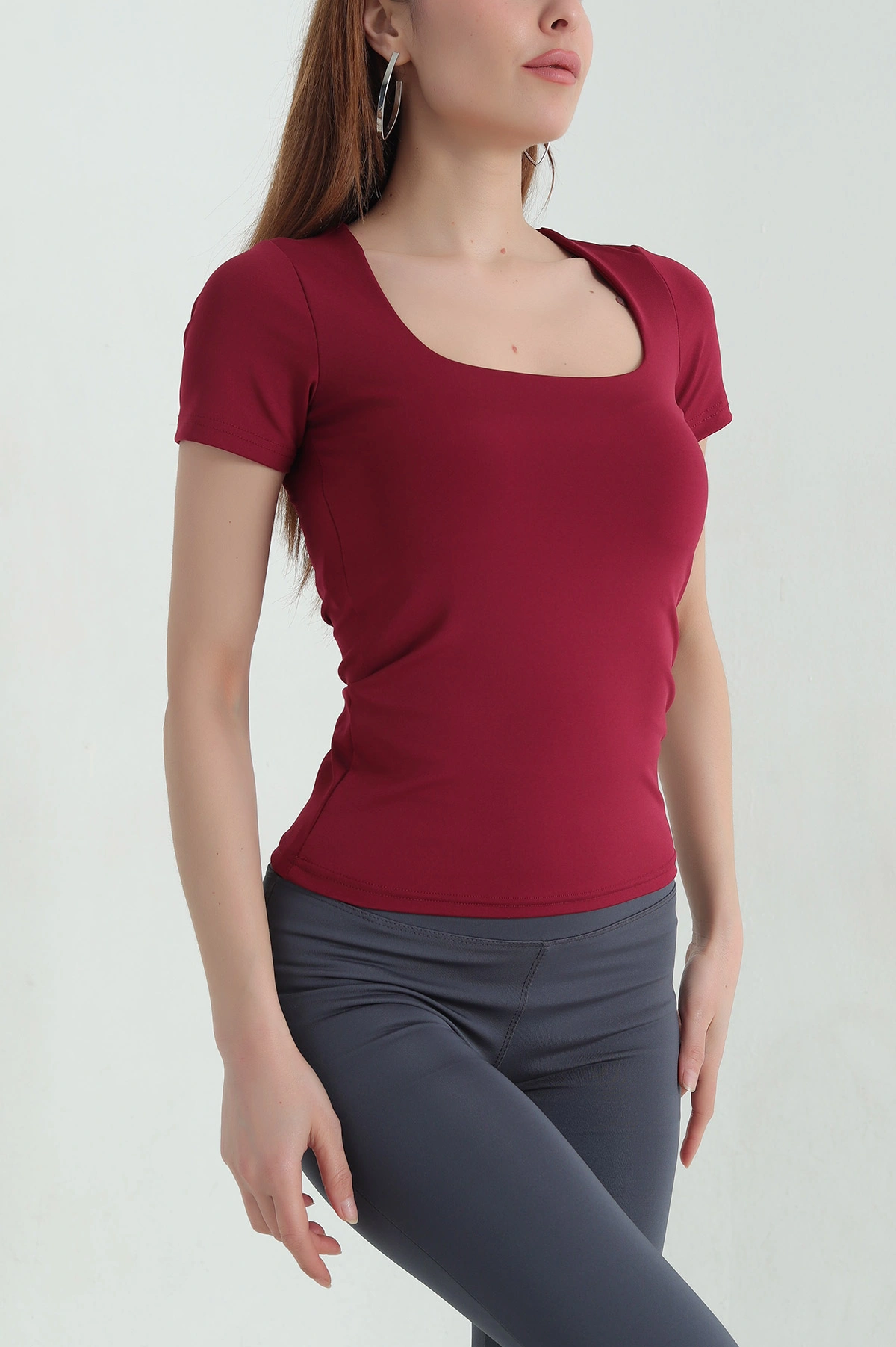 Bordo Kare Yaka Likralı Sandy Kadın Bluz 361145