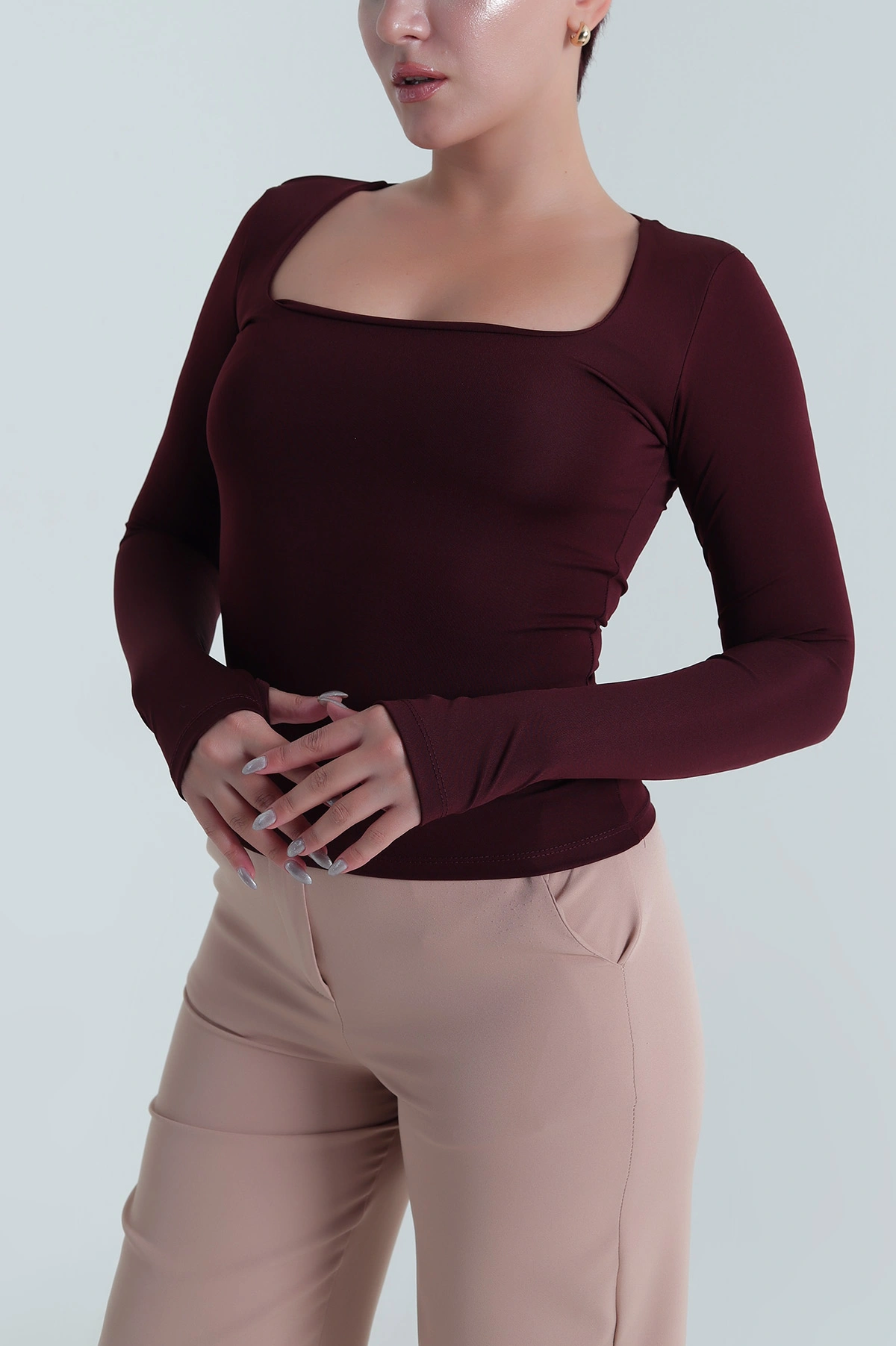 Bordo Kare Yaka Scuba Kadın Bluz 483672