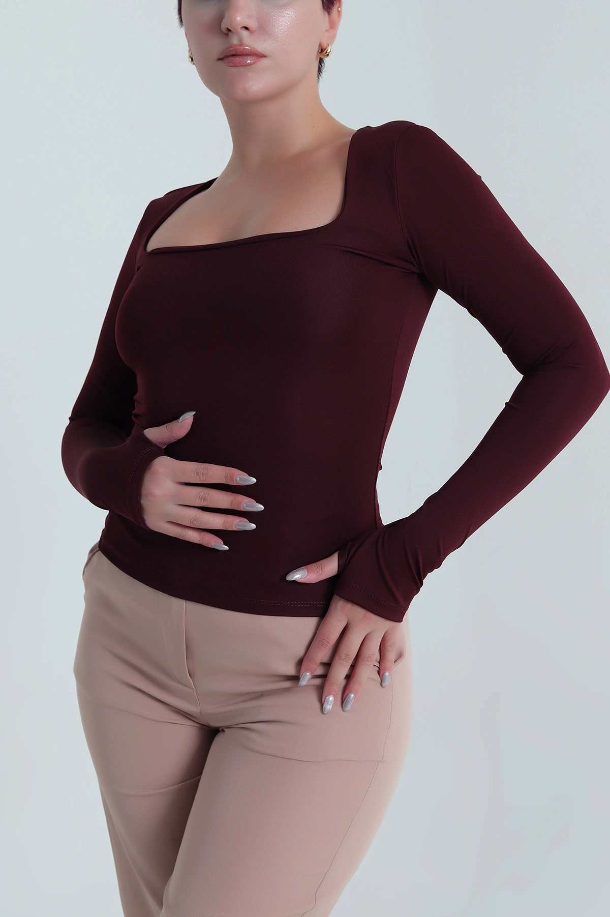Bordo Kare Yaka Scuba Kadın Bluz 483672