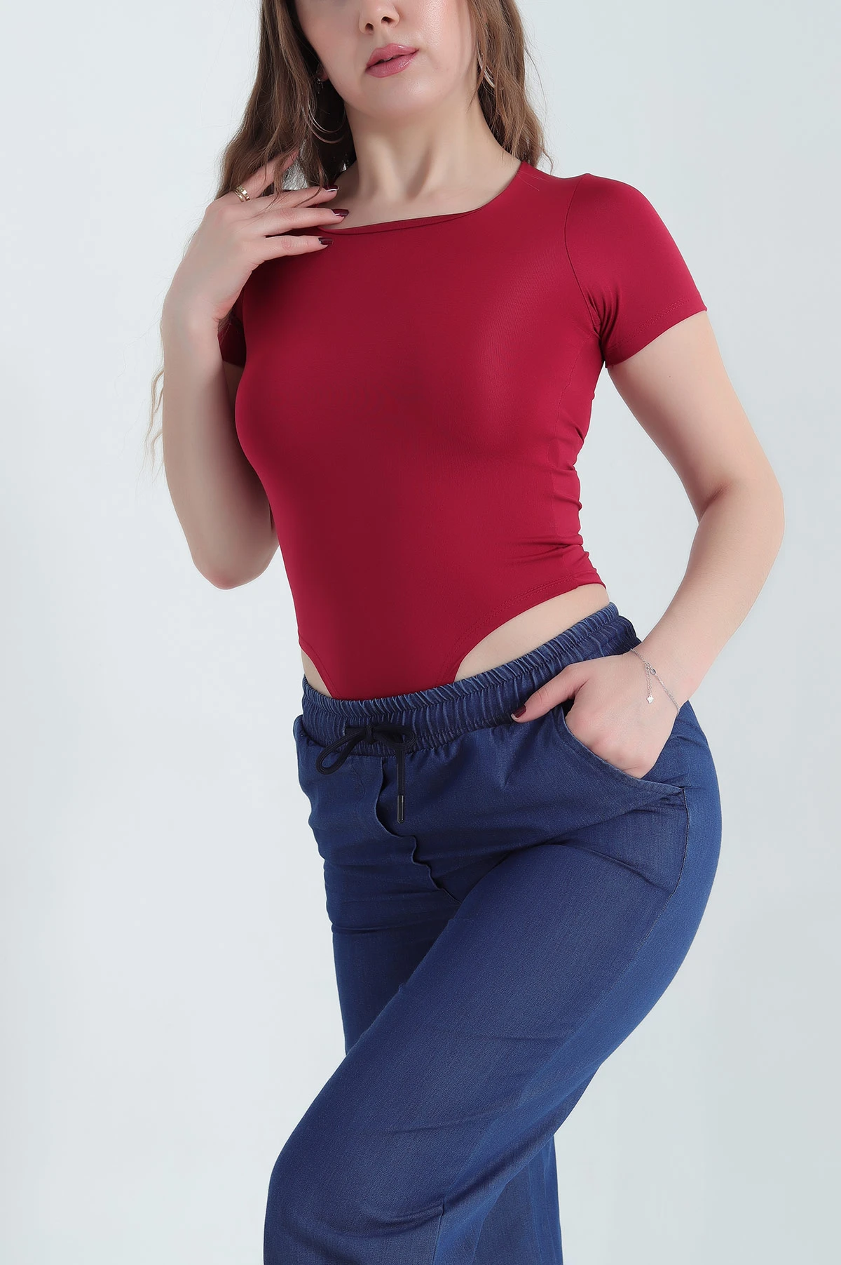 Bordo Kare Yaka Scuba Zıbın Bluz 341078
