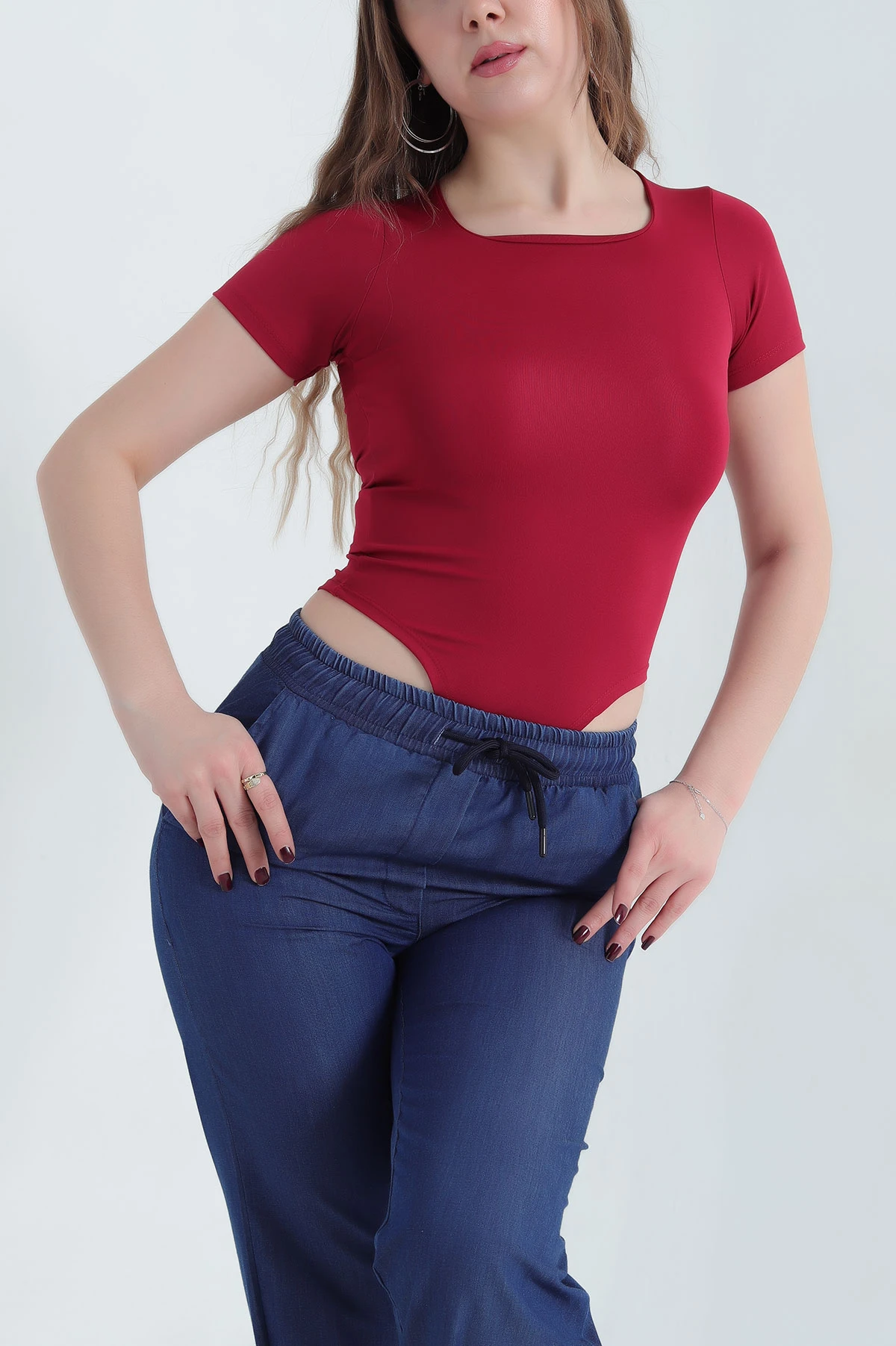 Bordo Kare Yaka Scuba Zıbın Bluz 341078