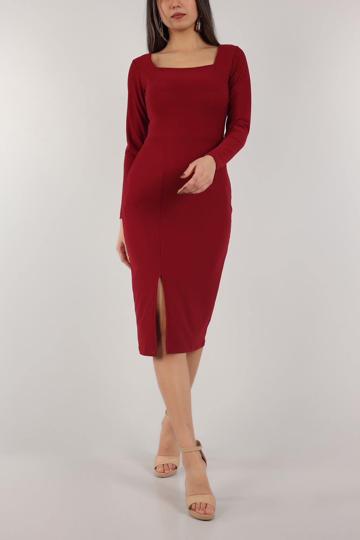Bordo Kare Yaka Yırtmaçlı Elbise 153311