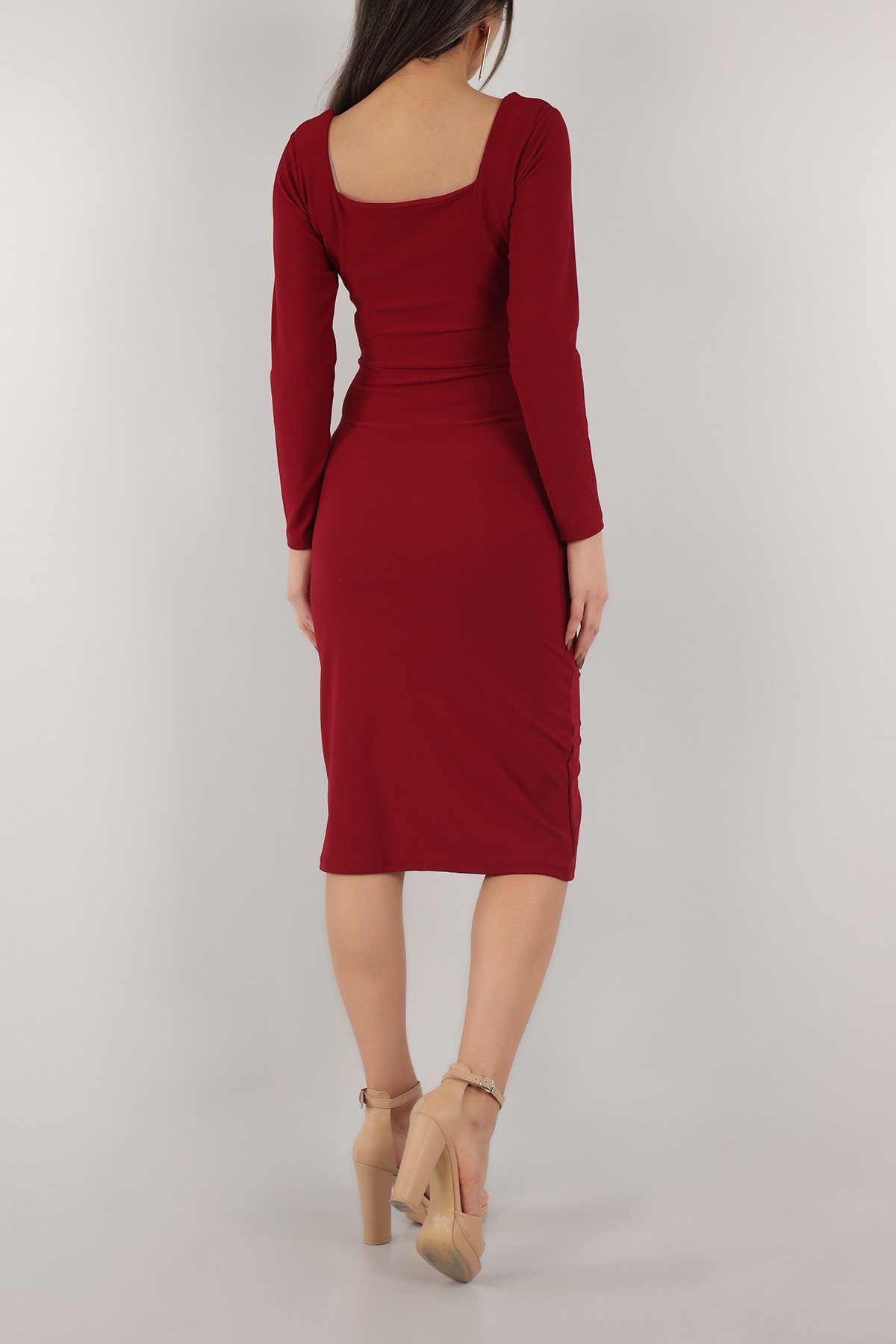 Bordo Kare Yaka Yırtmaçlı Elbise 153311