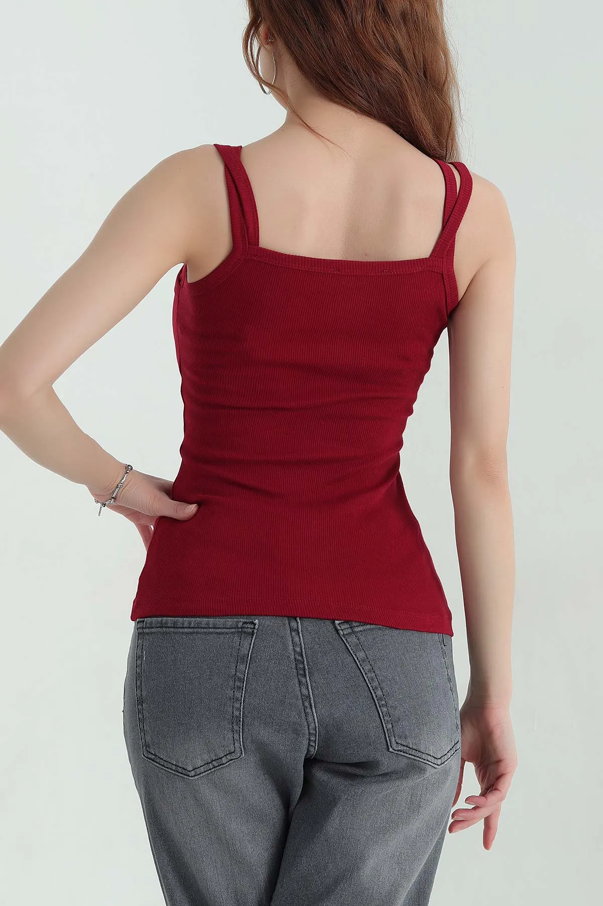 Bordo Kaşkorse İp Askılı Likralı Kadın Atlet 366866