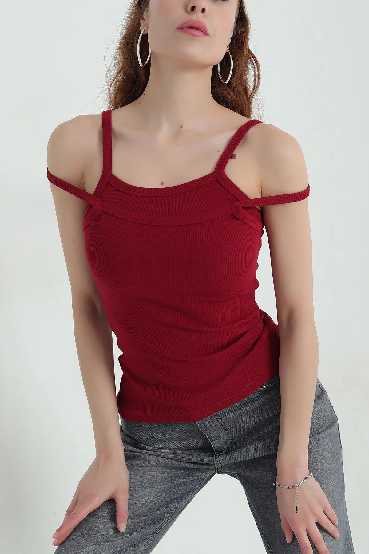 Bordo Kaşkorse İp Askılı Likralı Kadın Atlet 366866