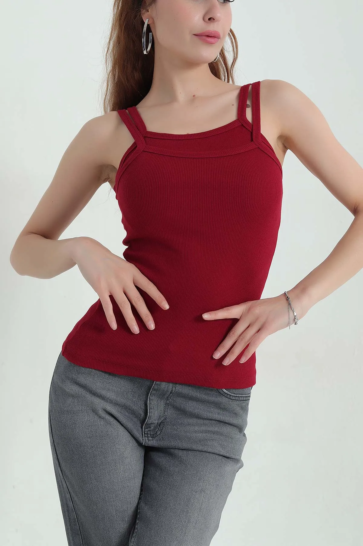 Bordo Kaşkorse İp Askılı Likralı Kadın Atlet 366866