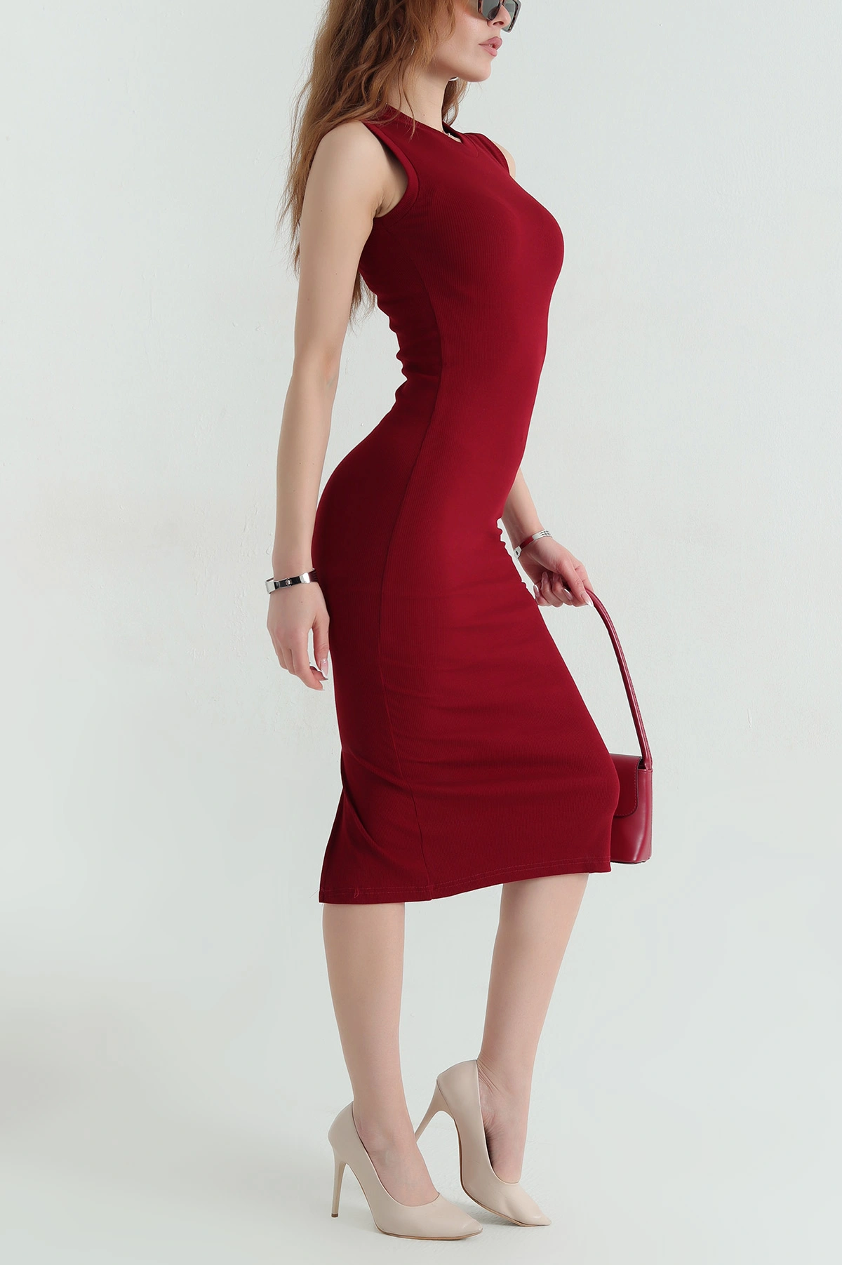 Bordo Kaşkorse Kolsuz Likralı Kadın Elbise 356307