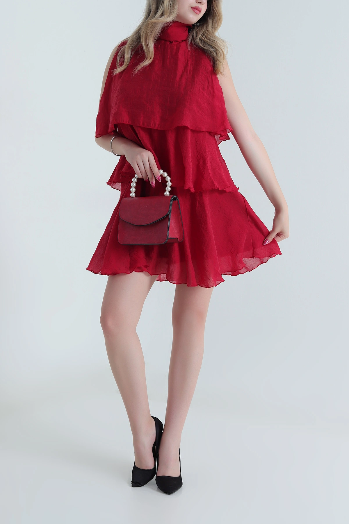 Bordo Katlı Tensel Kadın Elbise 476056