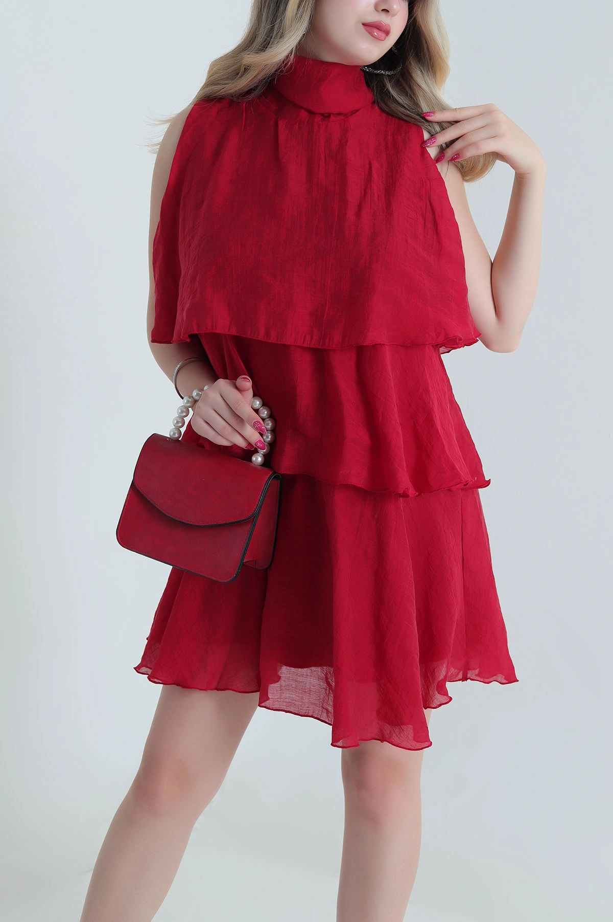 Bordo Katlı Tensel Kadın Elbise 476056