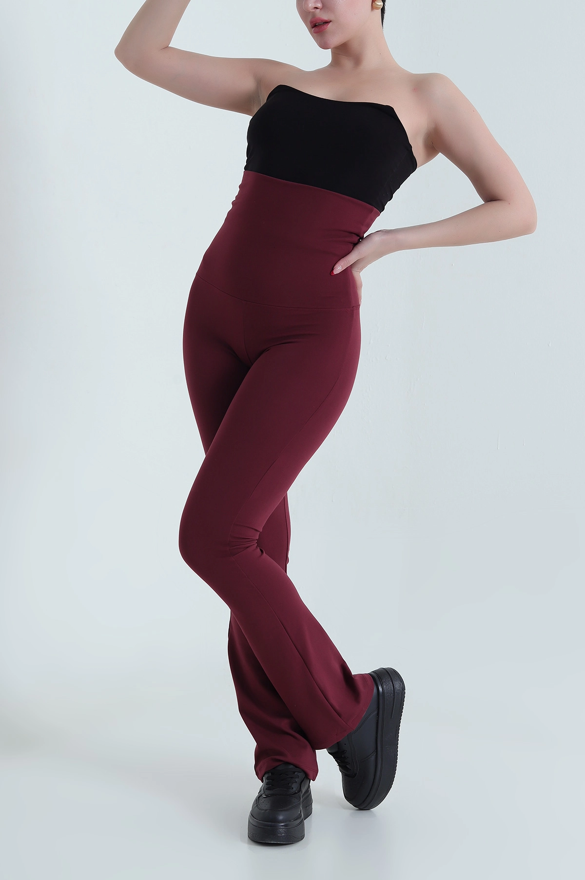 Bordo Katya Katlamalı Kadın İspanyol Paça Tayt 438477