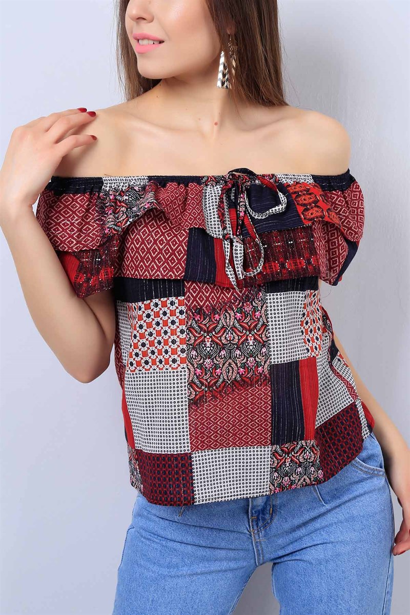 Bordo Kayık Yaka Desenli Bayan Bluz 13471B