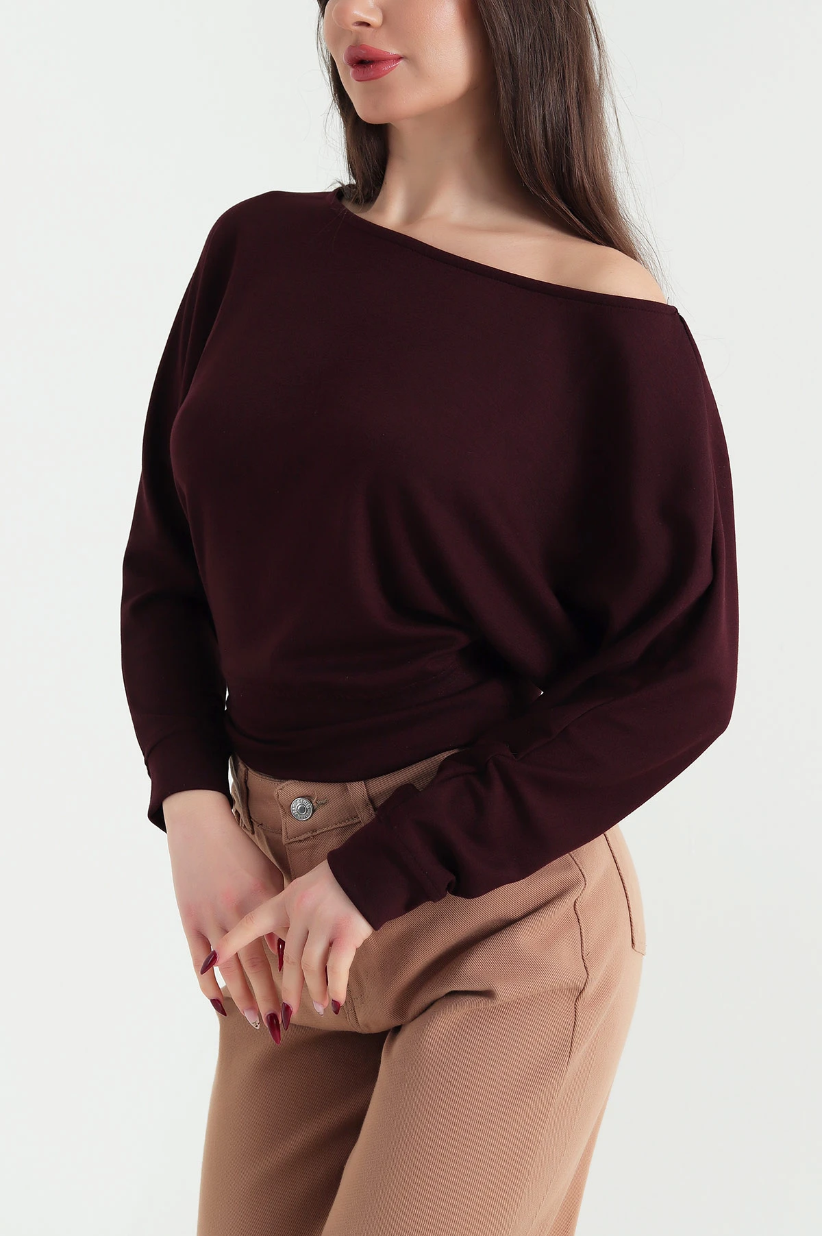 Bordo Kayık Yaka Modal Kadın Bluz 422584