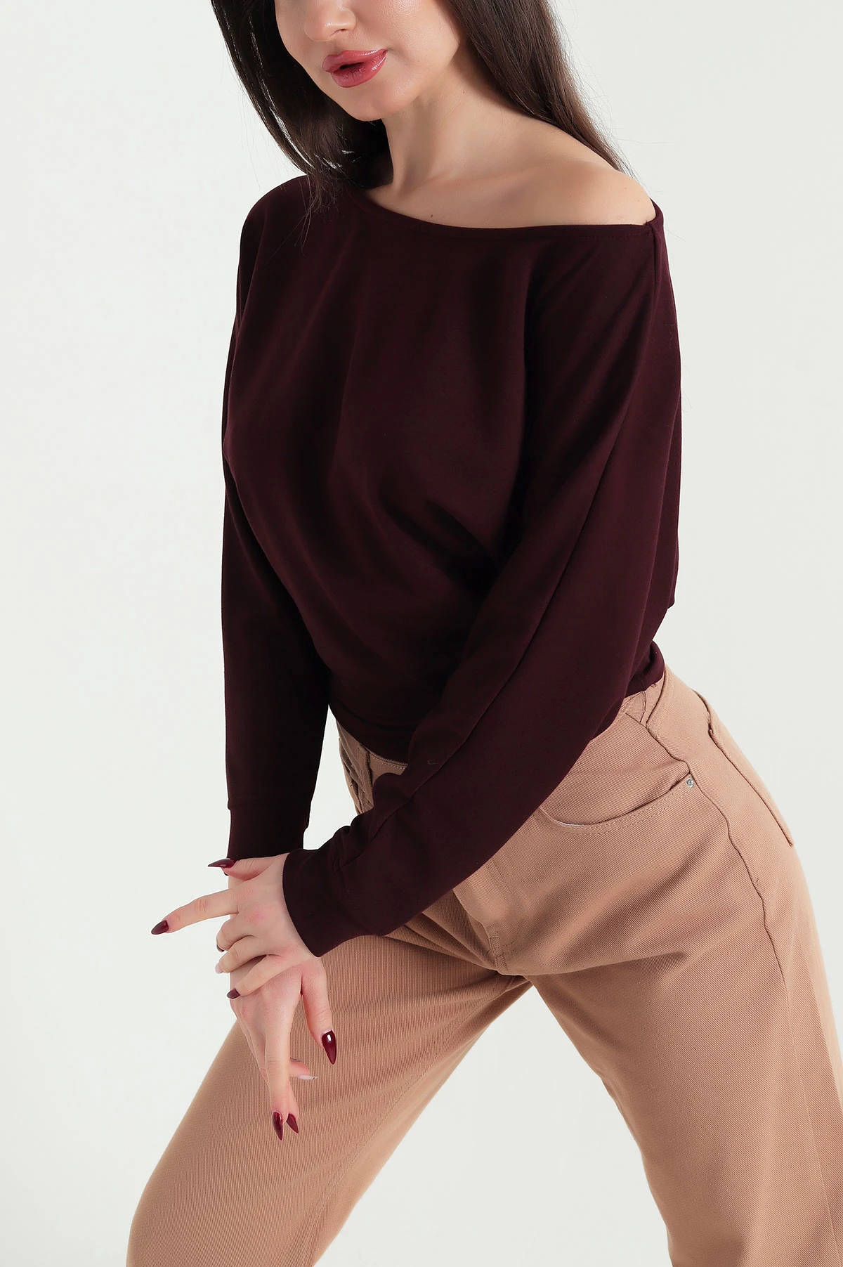 Bordo Kayık Yaka Modal Kadın Bluz 422584