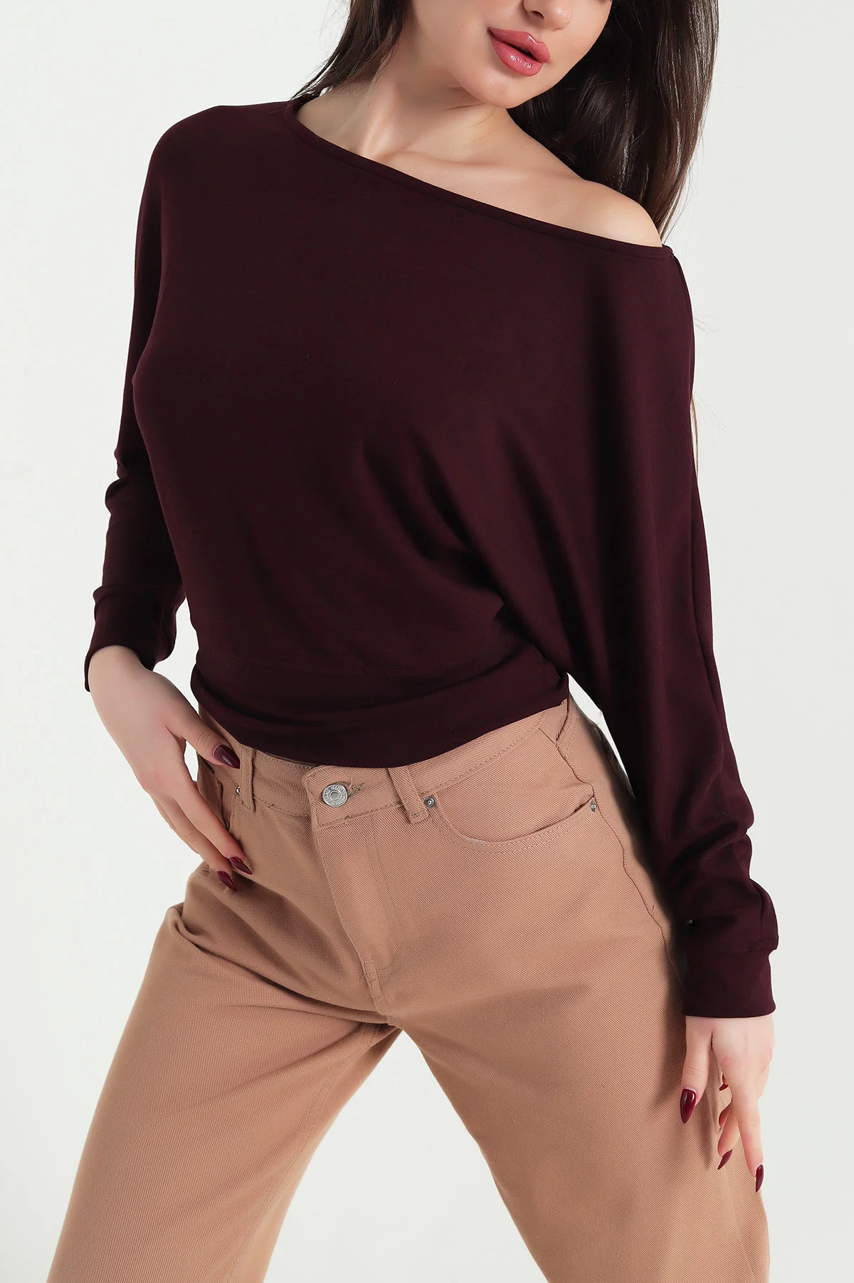 Bordo Kayık Yaka Modal Kadın Bluz 422584