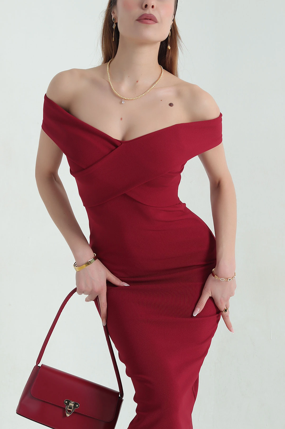 Bordo Kayık Yaka Ottoman Kadın Elbise 357047