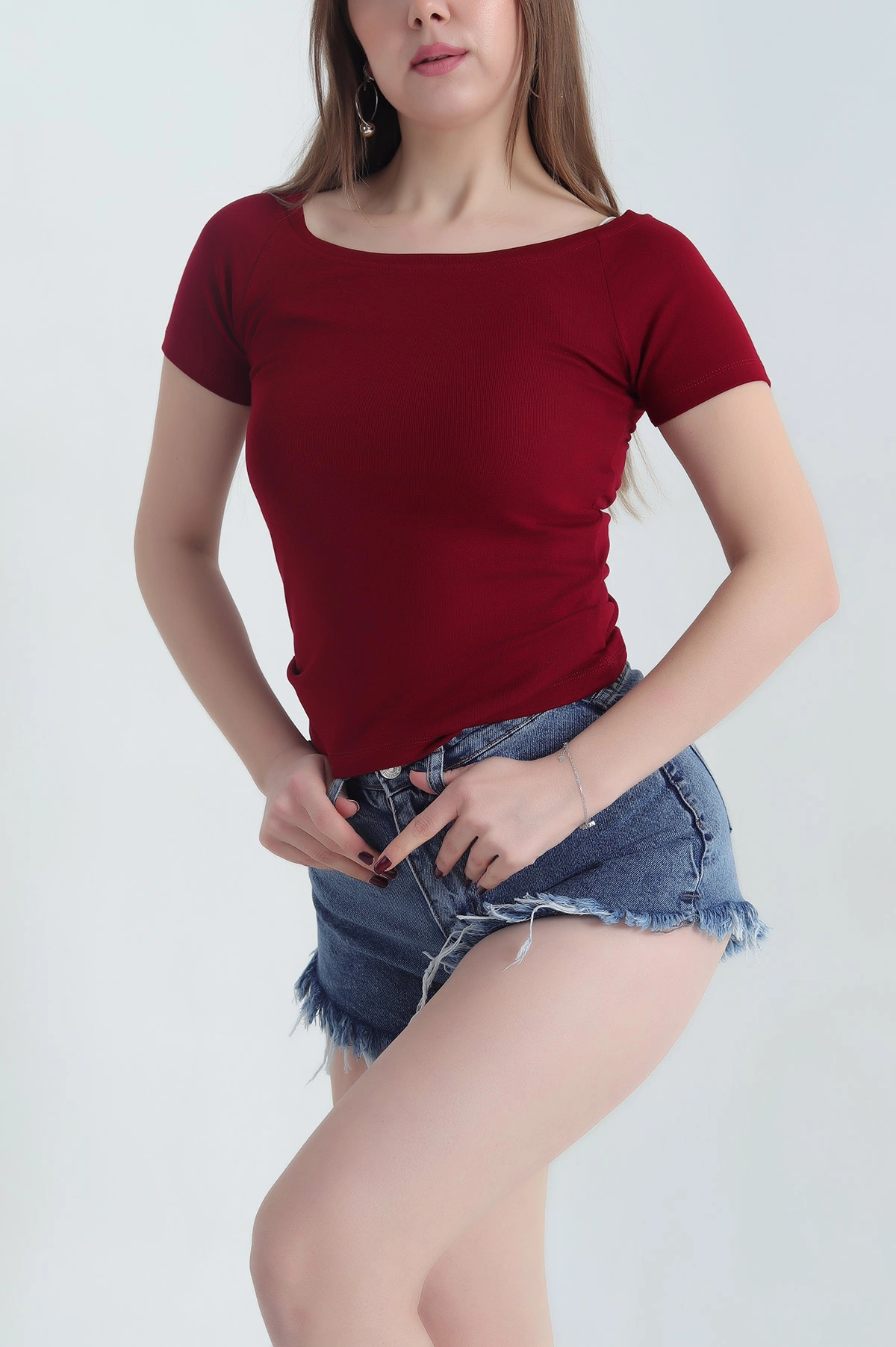 Bordo Kayık Yaka Ribana Kadın Bluz 344691
