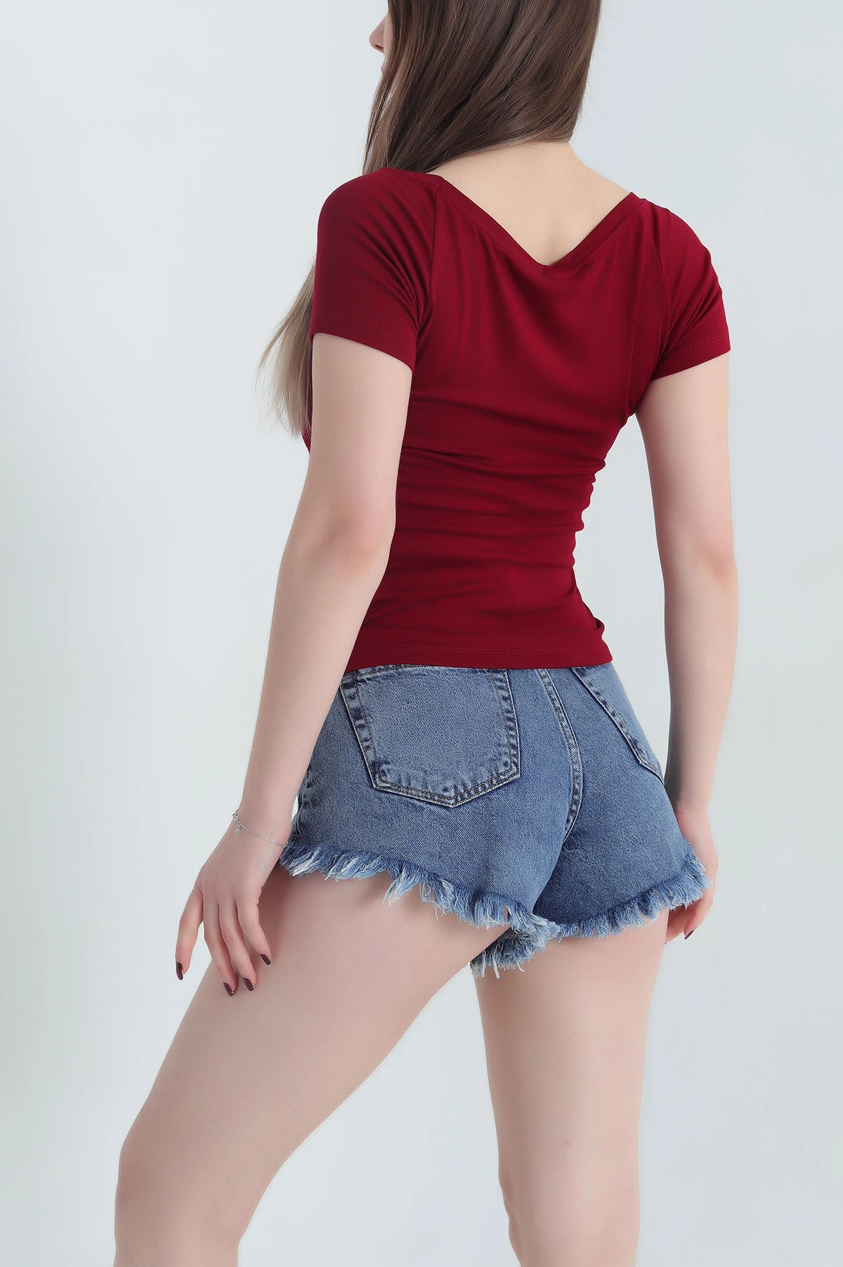 Bordo Kayık Yaka Ribana Kadın Bluz 344691