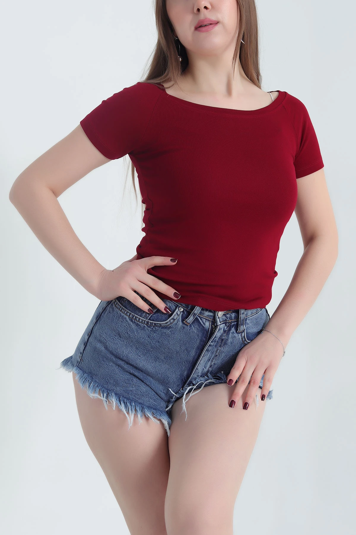 Bordo Kayık Yaka Ribana Kadın Bluz 344691